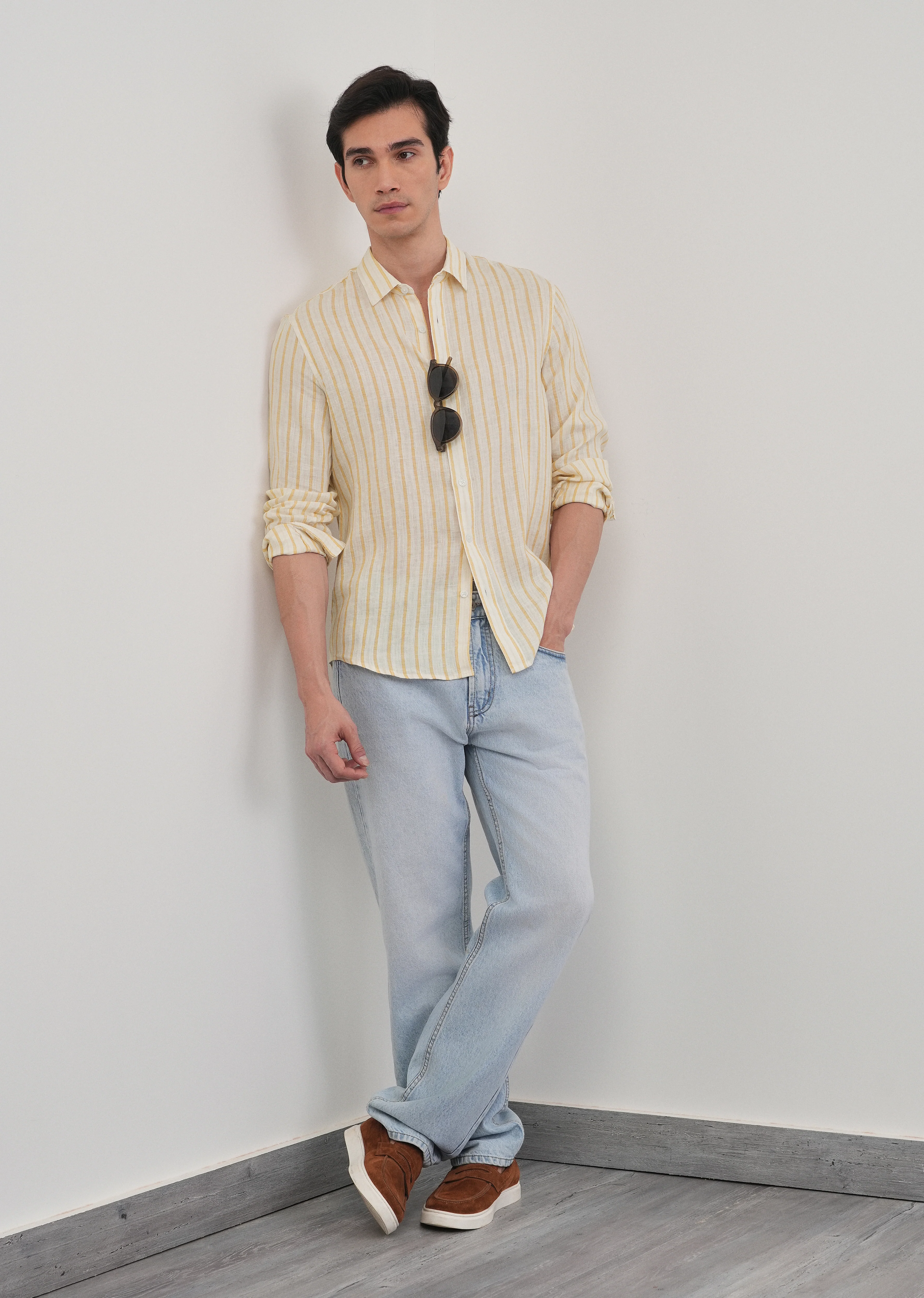 100% Linen Yellow Self-Stripe Shirt - Image 10