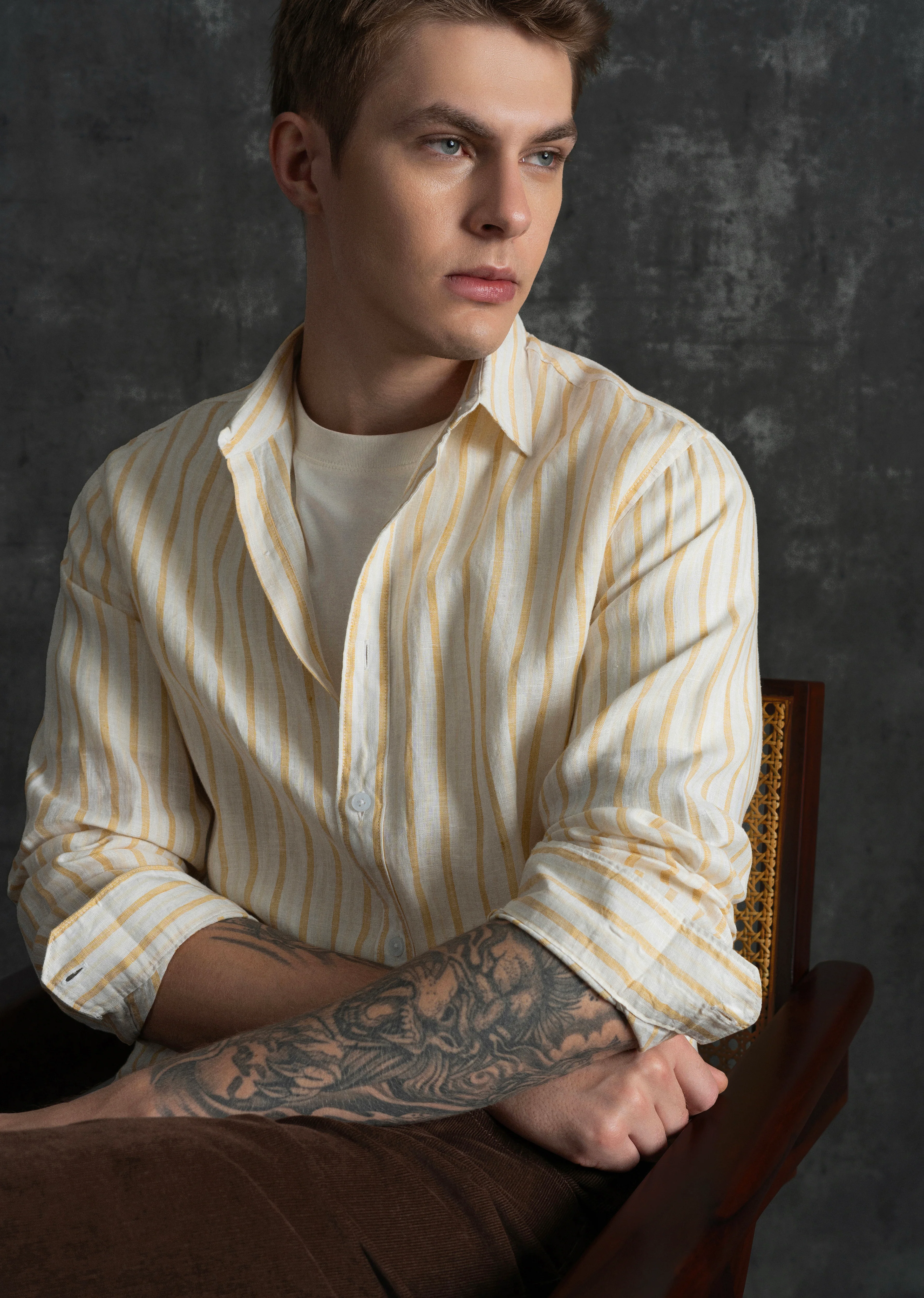 100% Linen Yellow Self-Stripe Shirt - Image 3