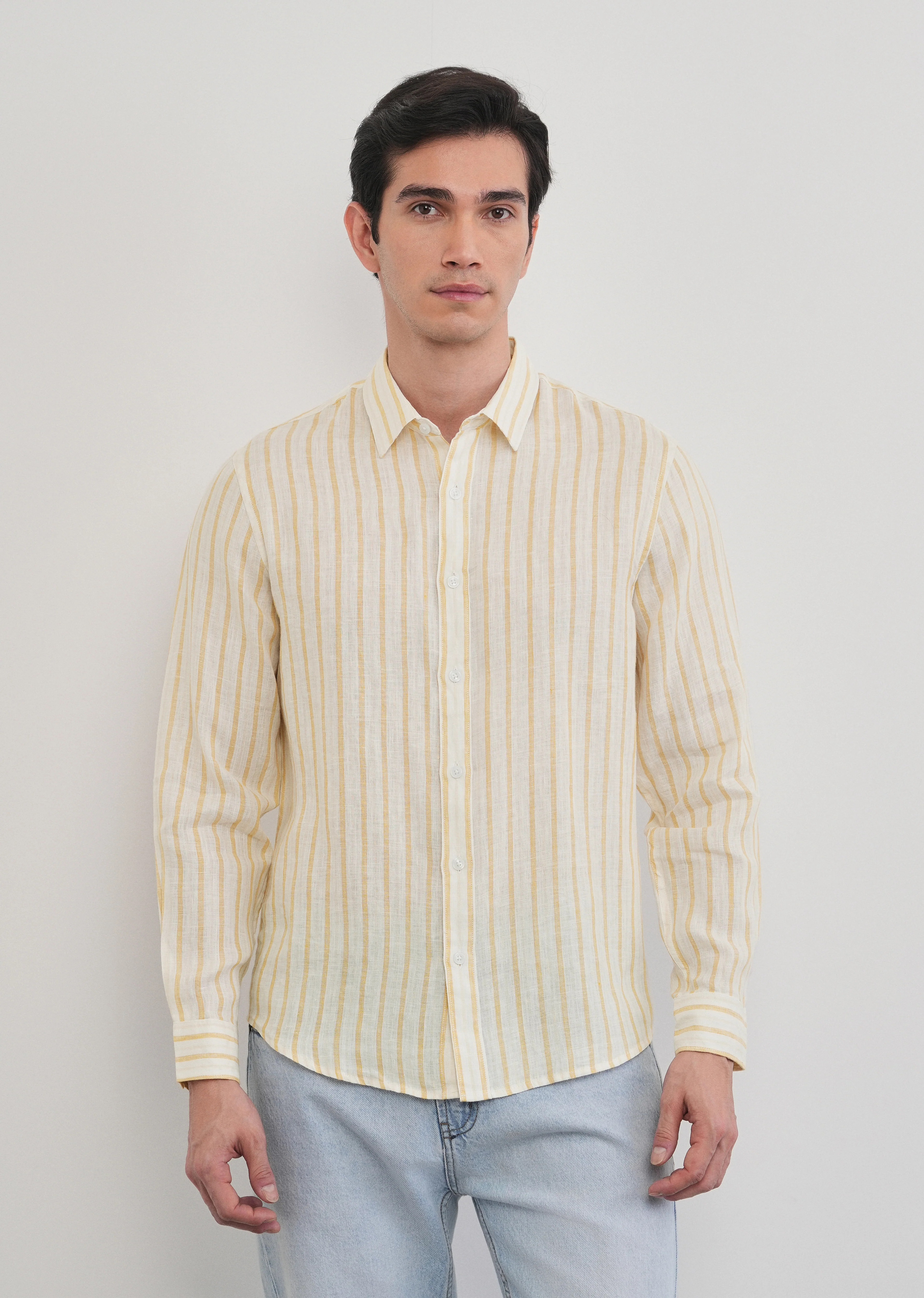 100% Linen Yellow Self-Stripe Shirt - Image 6