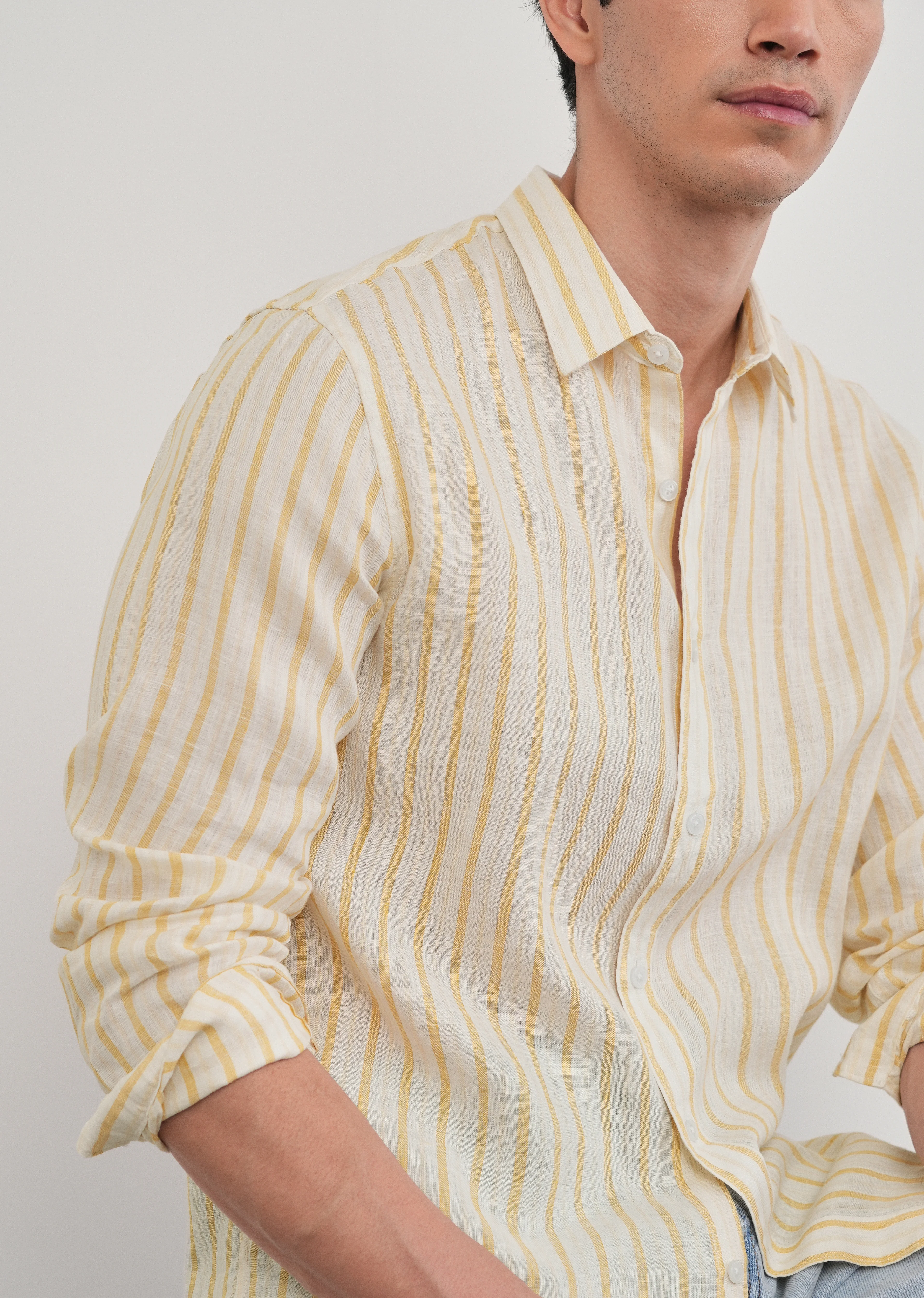 100% Linen Yellow Self-Stripe Shirt - Image 9