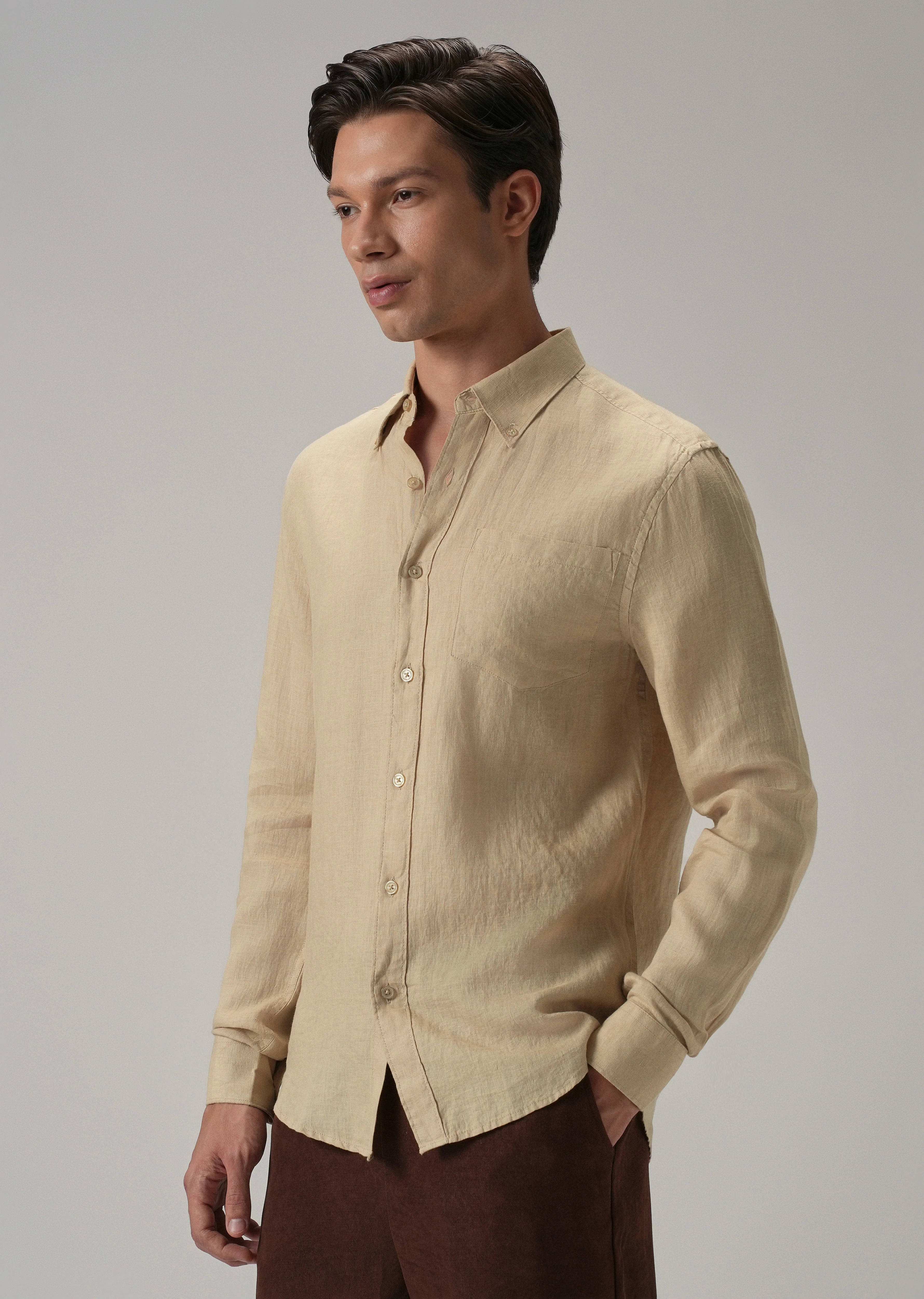 100% Pure Dark Beige Linen Shirt - Image 5