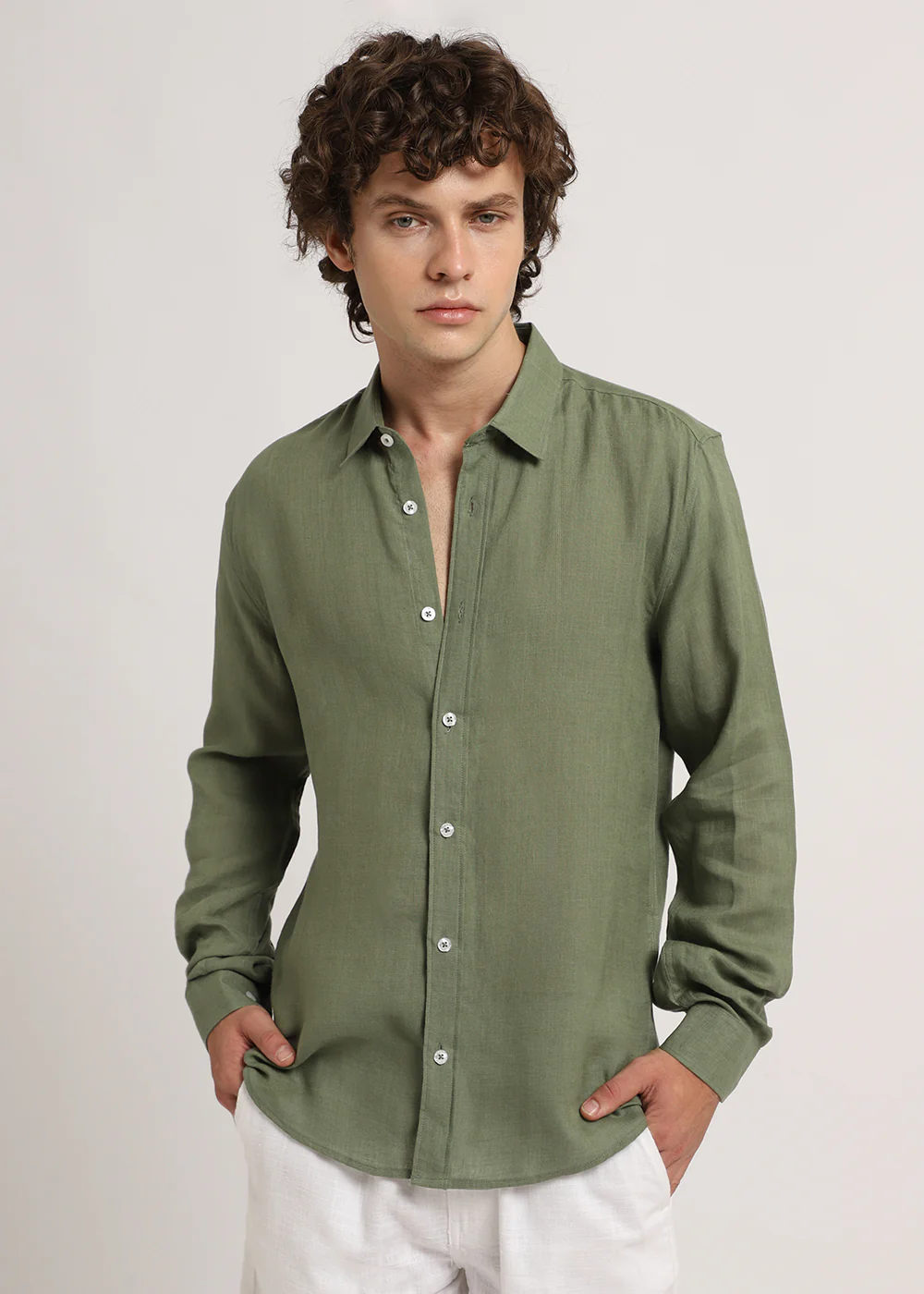 100% Pure Lichen Green Linen Shirt - Image 3