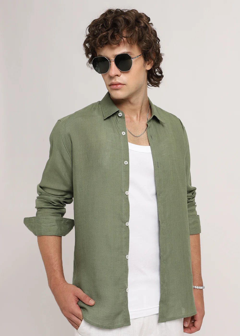 100% Pure Lichen Green Linen Shirt - Image 5