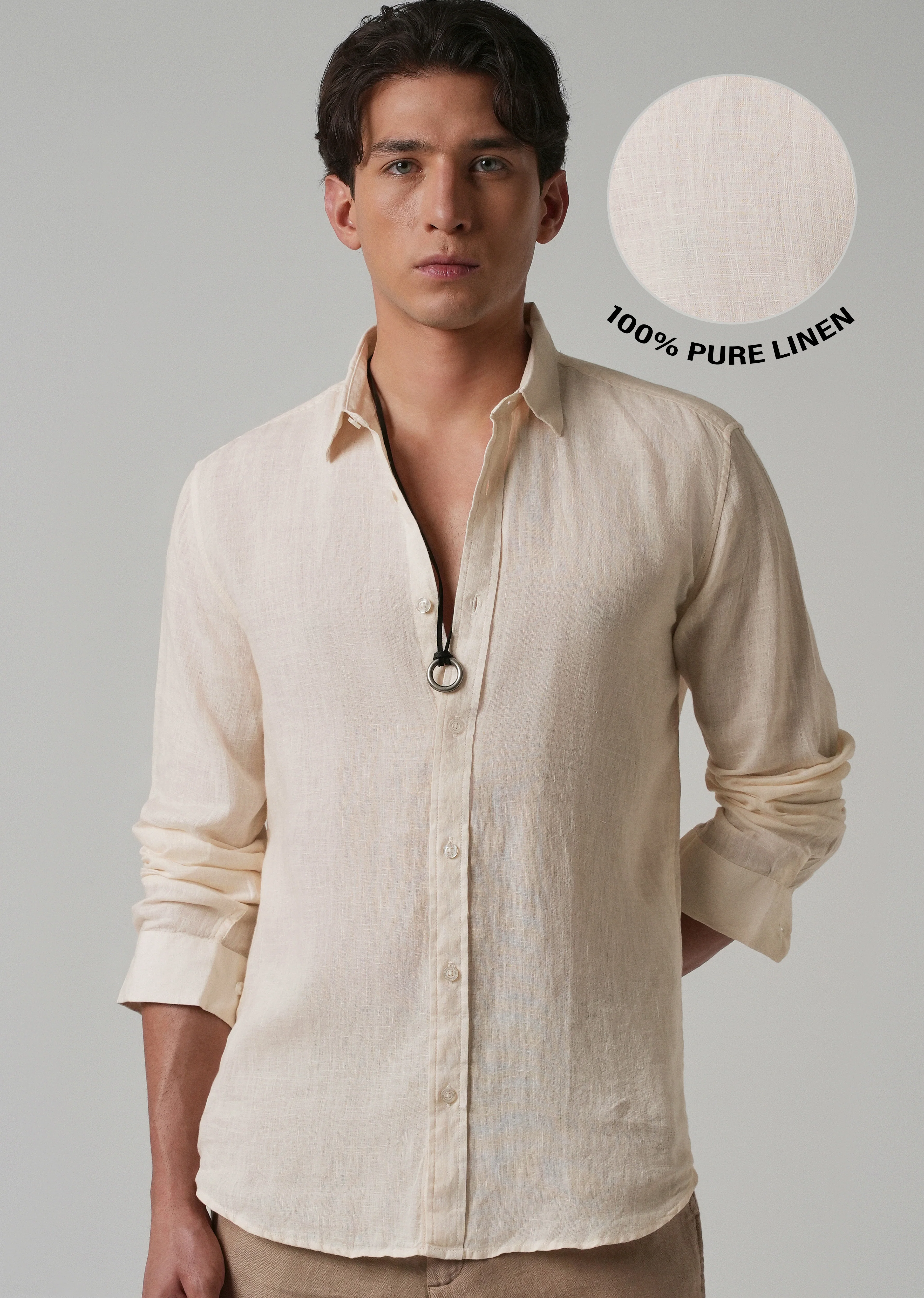 100% Pure Light Cream Linen Shirt - Image 7
