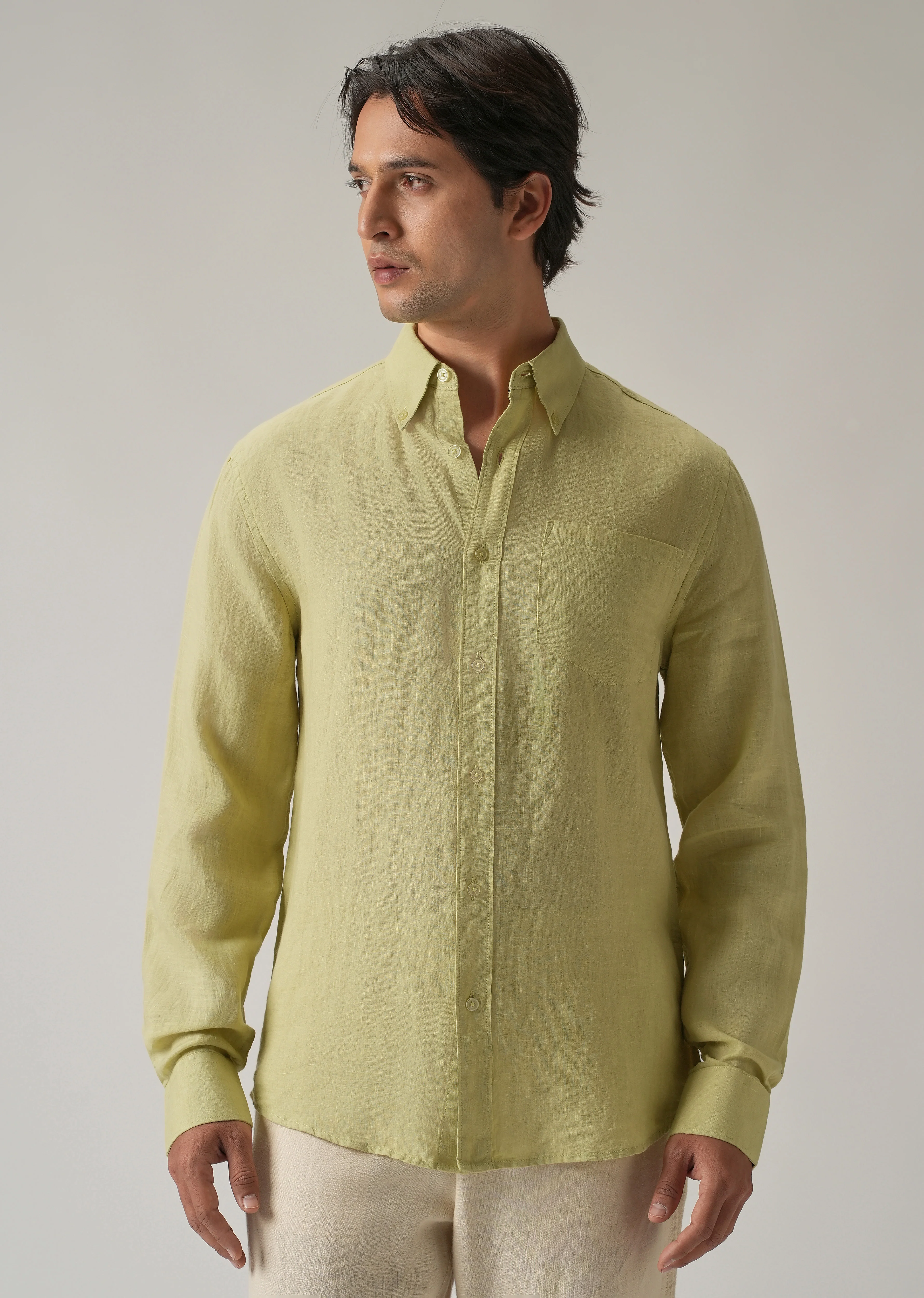 100% Pure Light Lemon Yellow Linen Shirt - Image 4