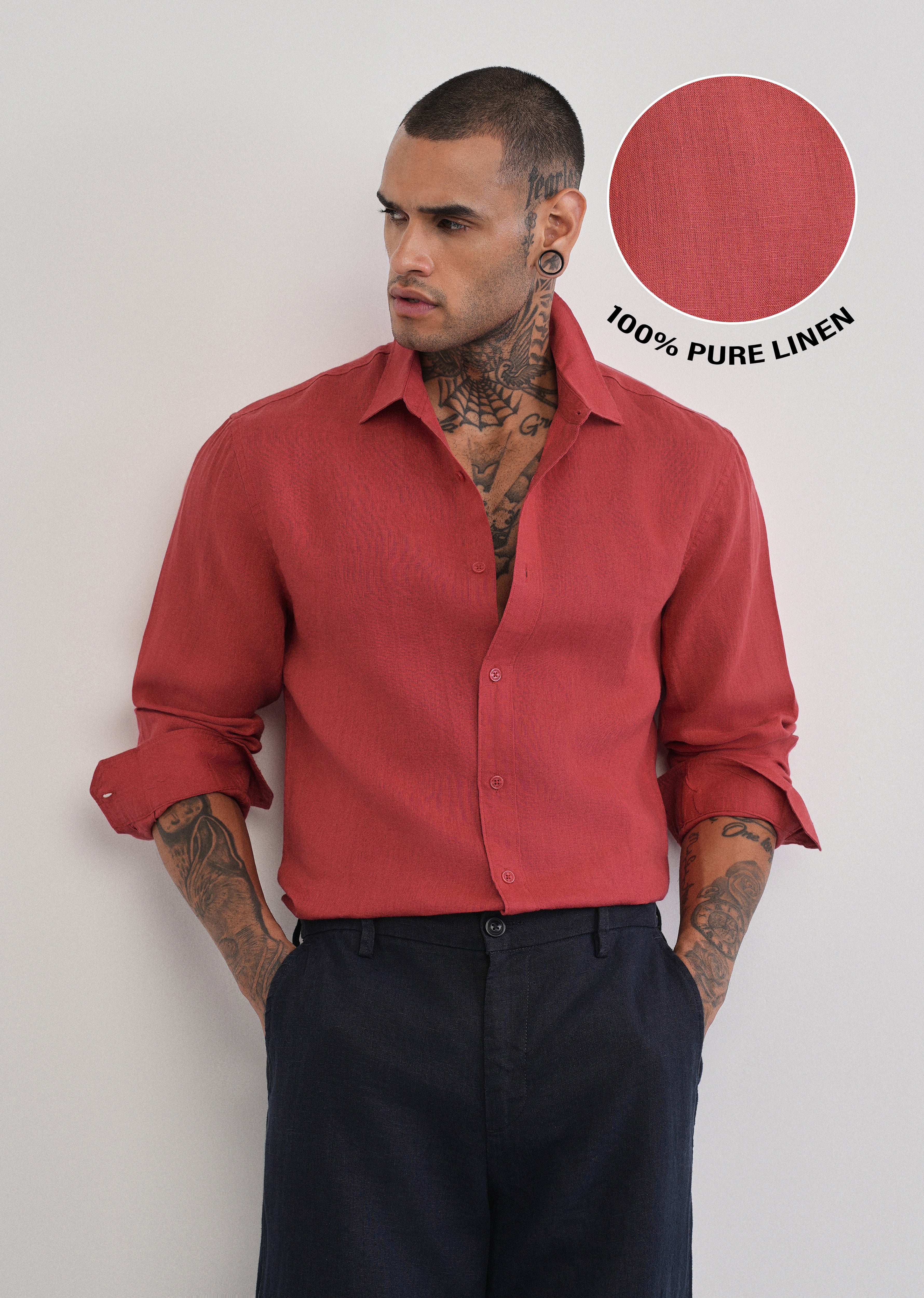 100% Pure Linen Brick Red Plain Shirt - Image 9