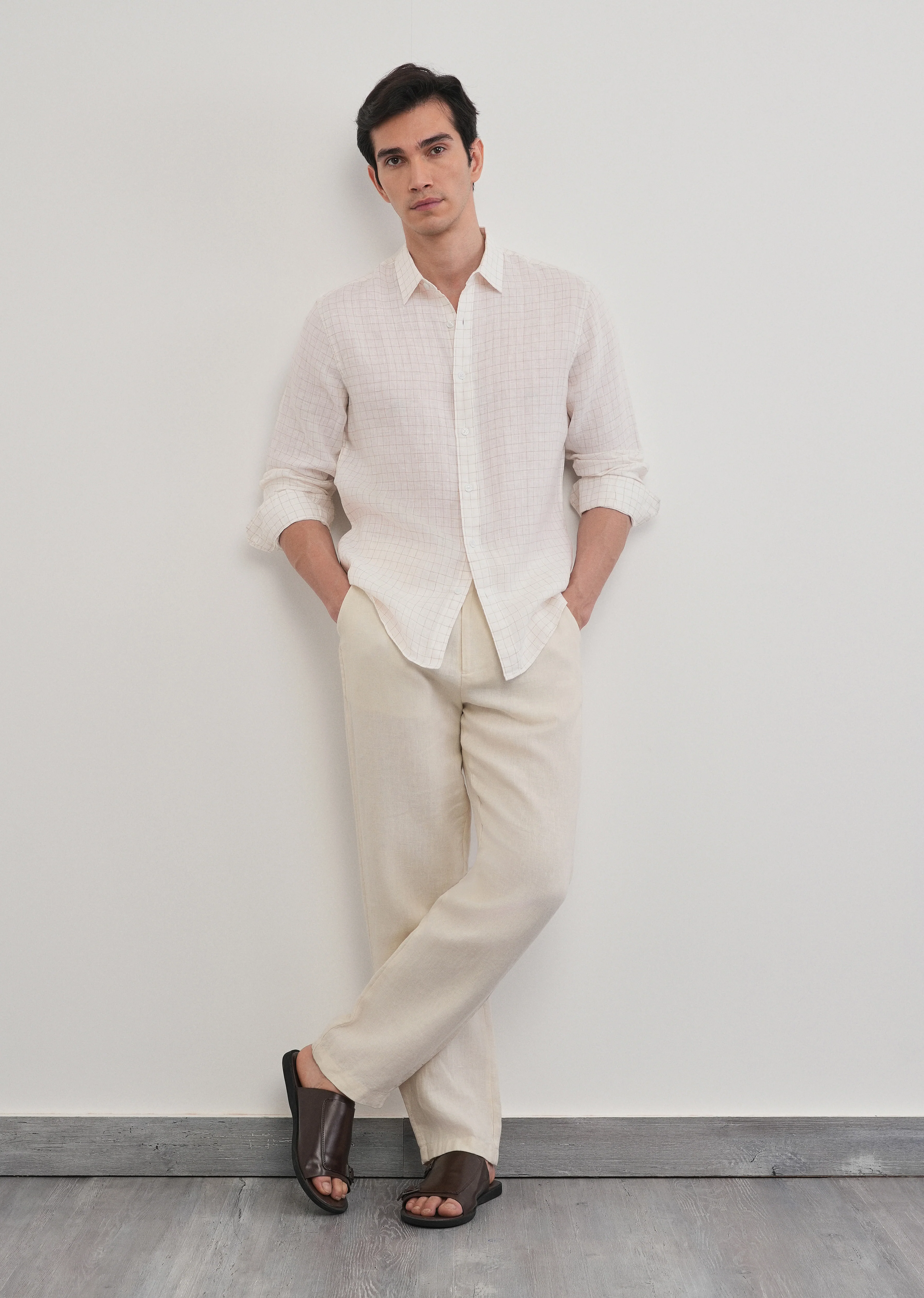 100% Pure Linen Off-White Check Shirt - Image 10