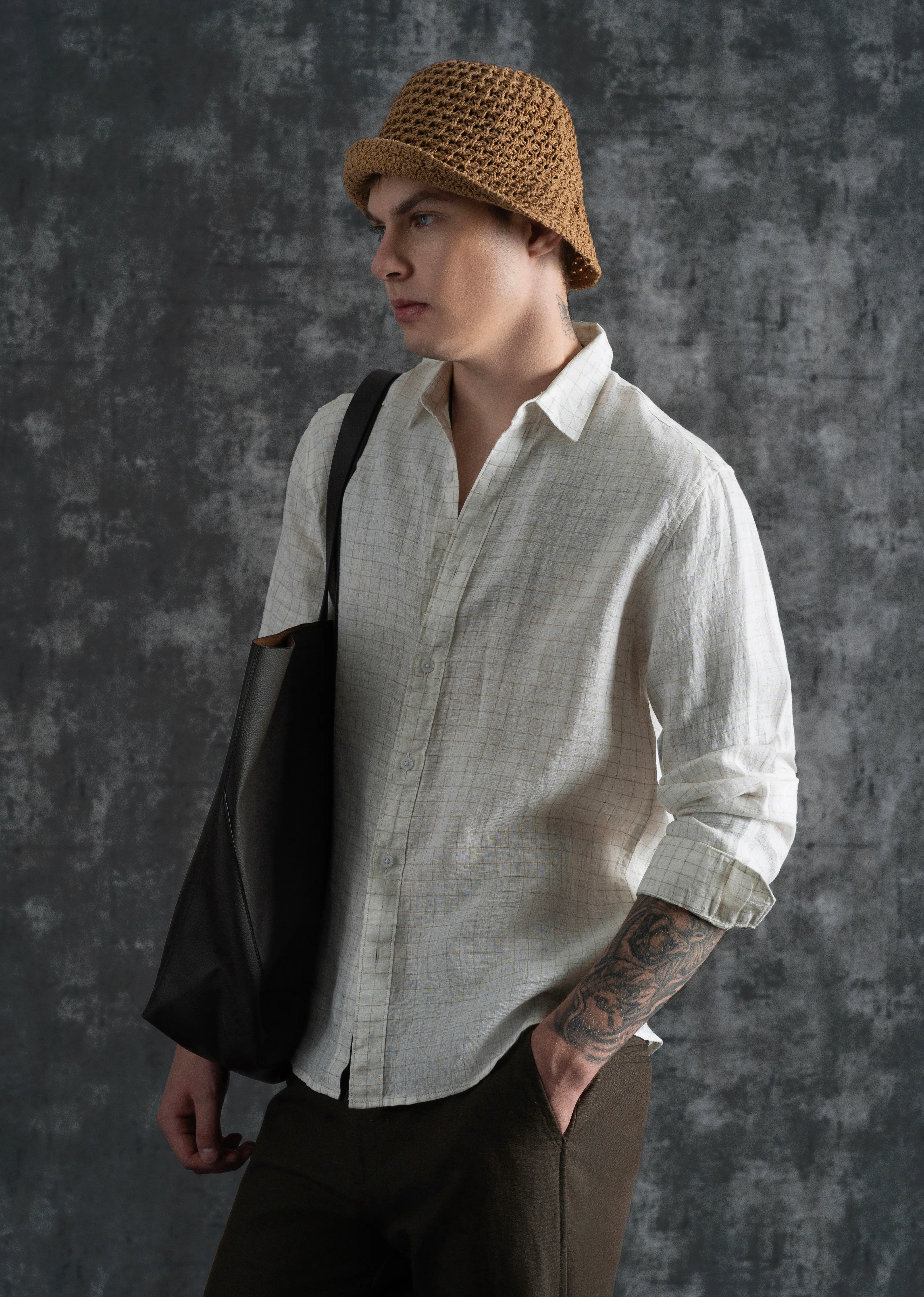 100% Pure Linen Off-White Check Shirt - Image 12