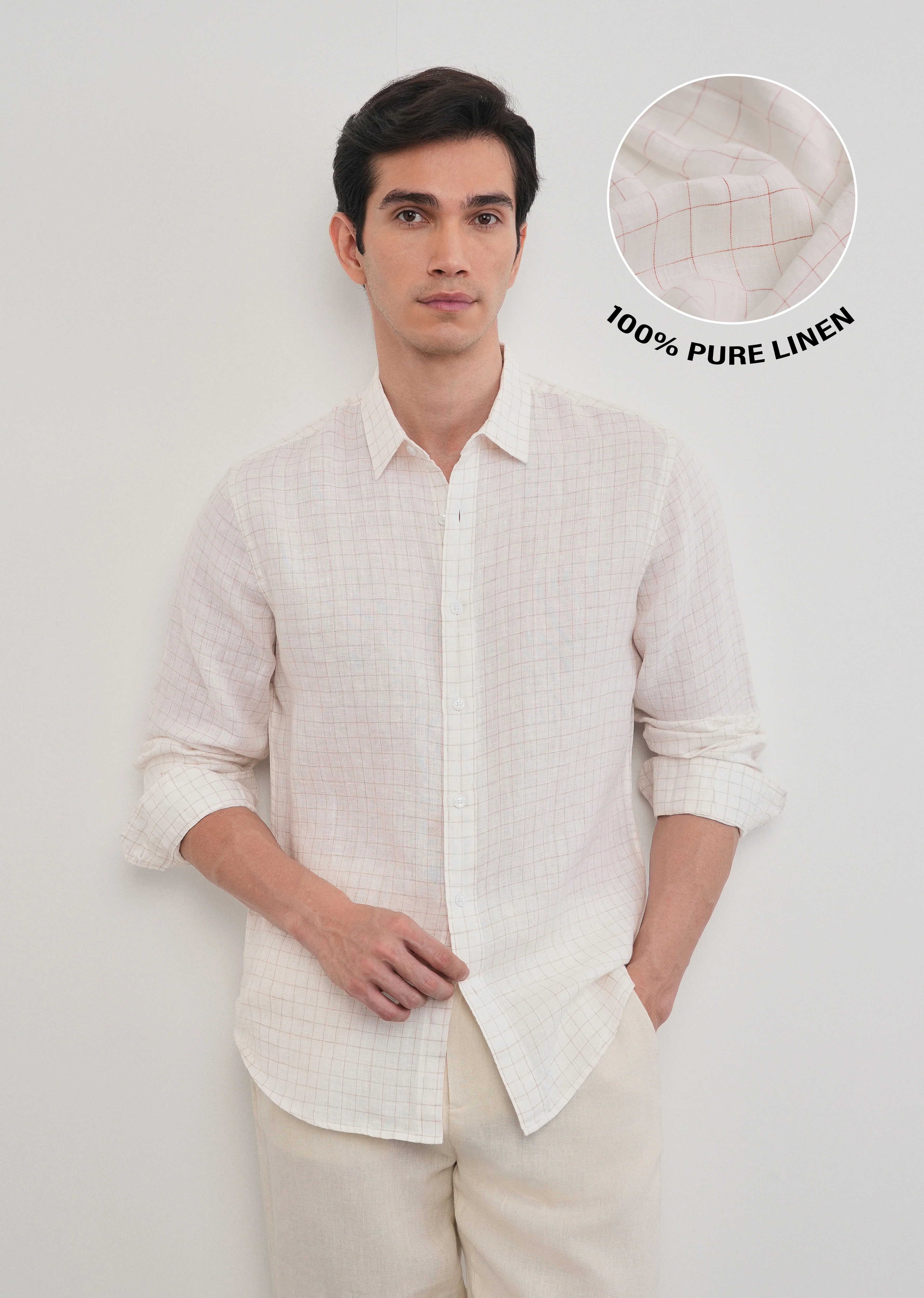 100% Pure Linen Off-White Check Shirt - Image 13