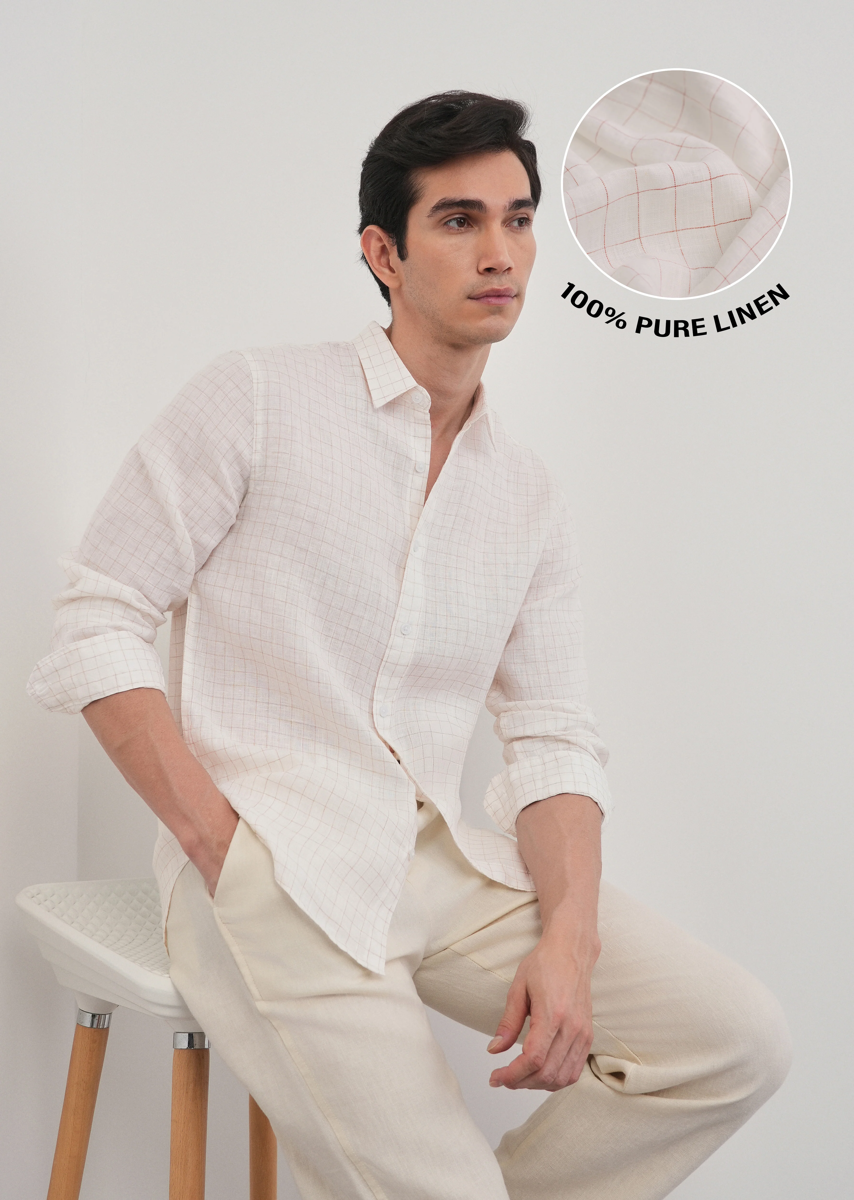 100% Pure Linen Off-White Check Shirt - Image 2