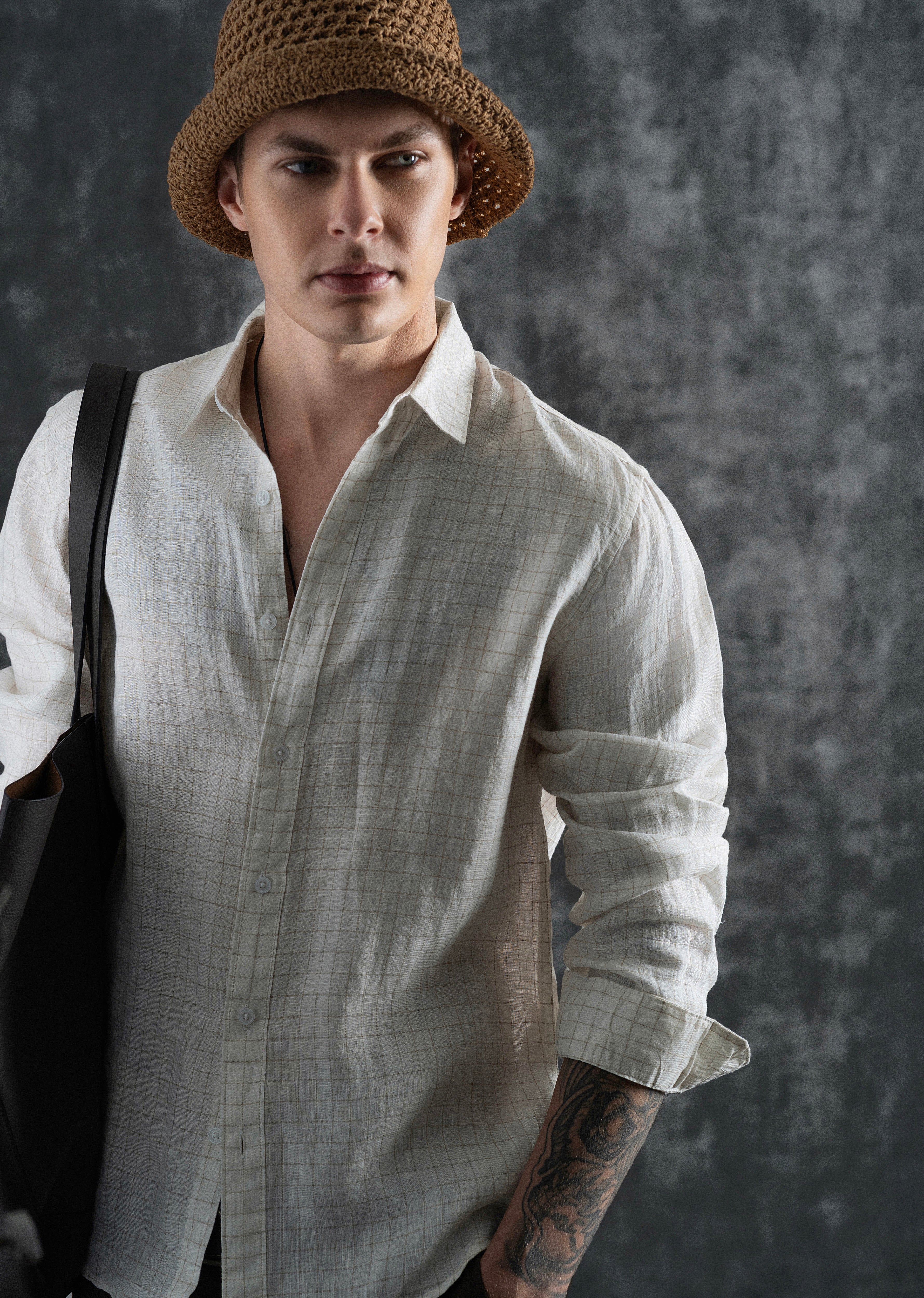 100% Pure Linen Off-White Check Shirt - Image 4