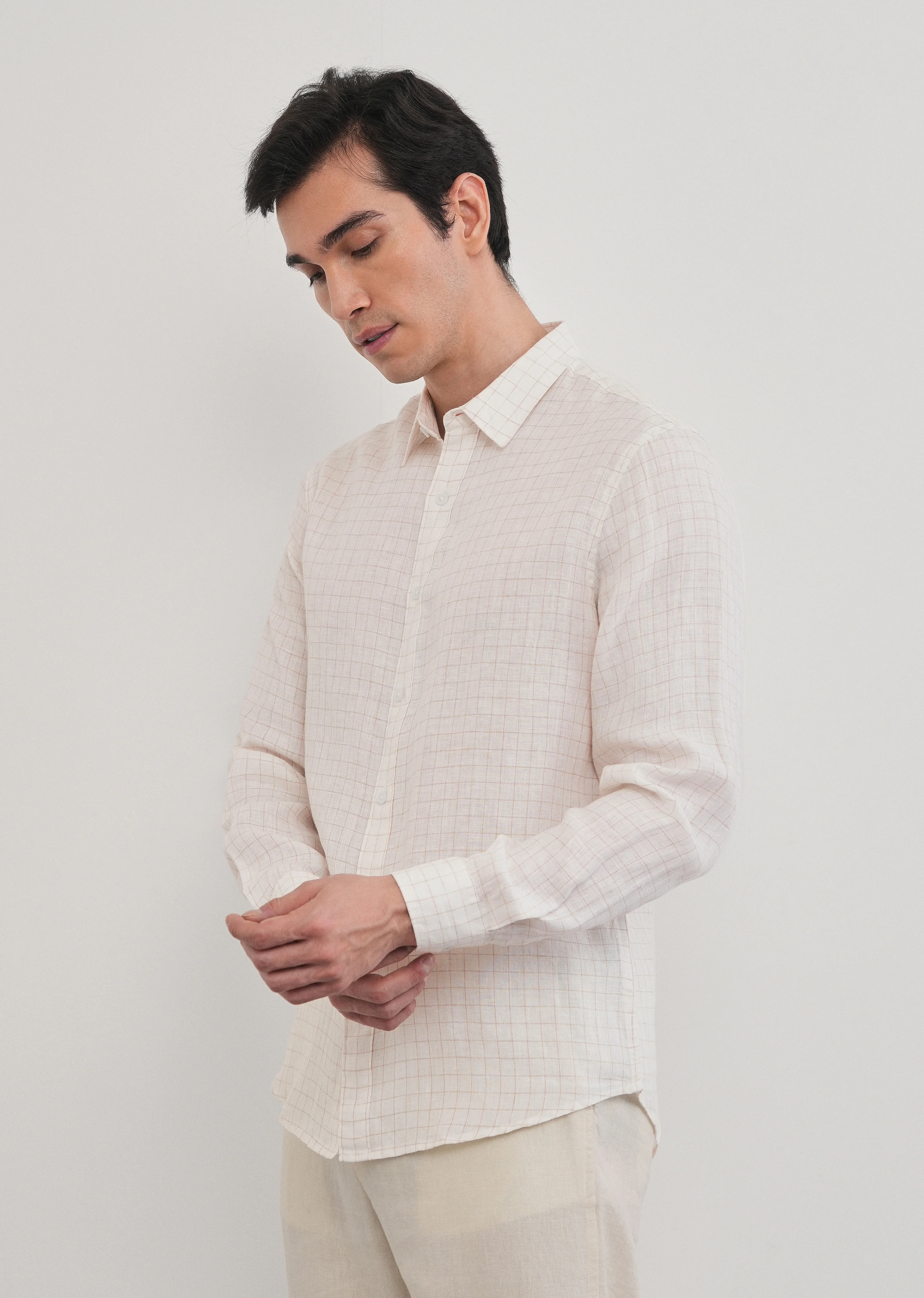 100% Pure Linen Off-White Check Shirt - Image 7