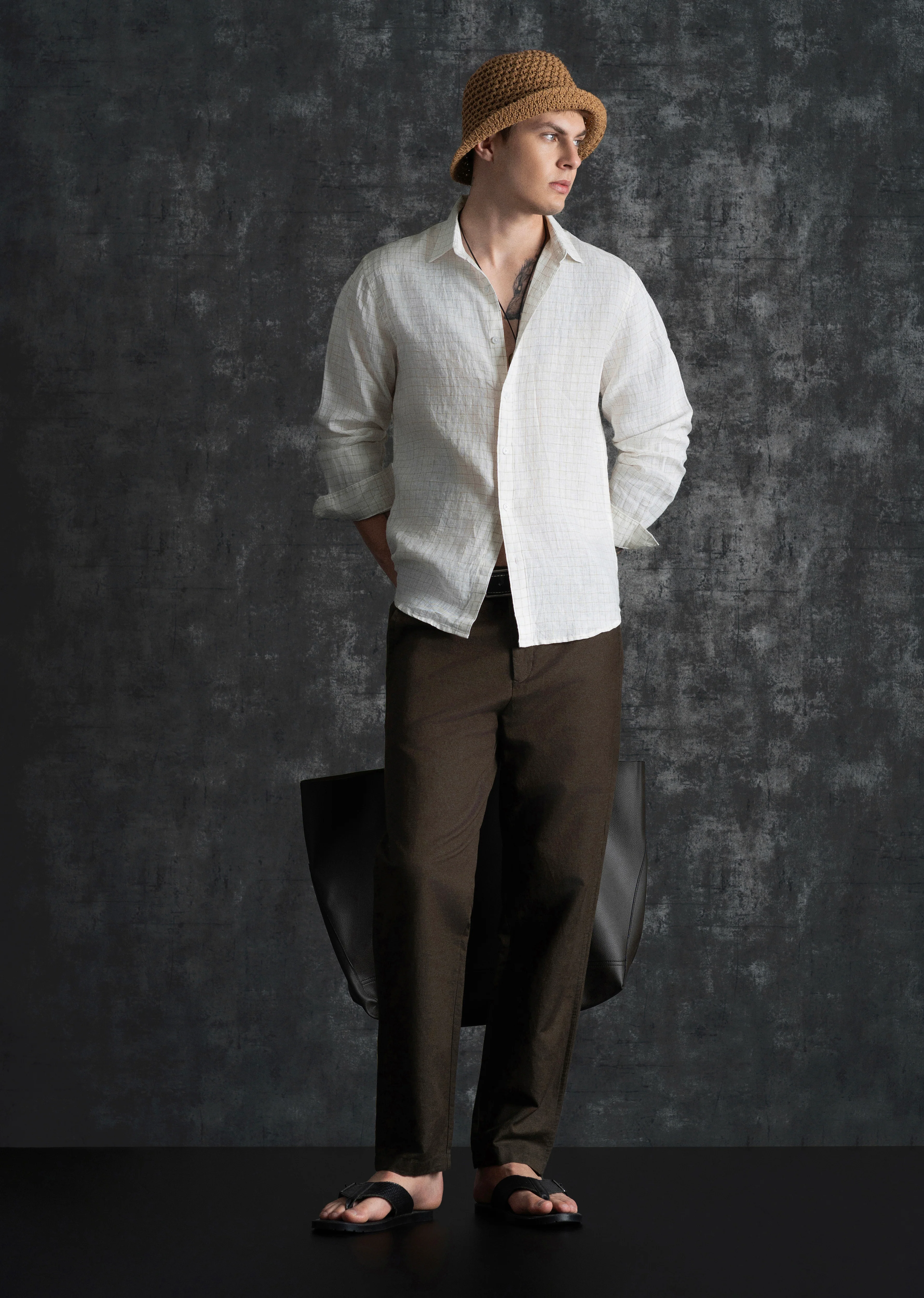 100% Pure Linen Off-White Check Shirt - Image 8