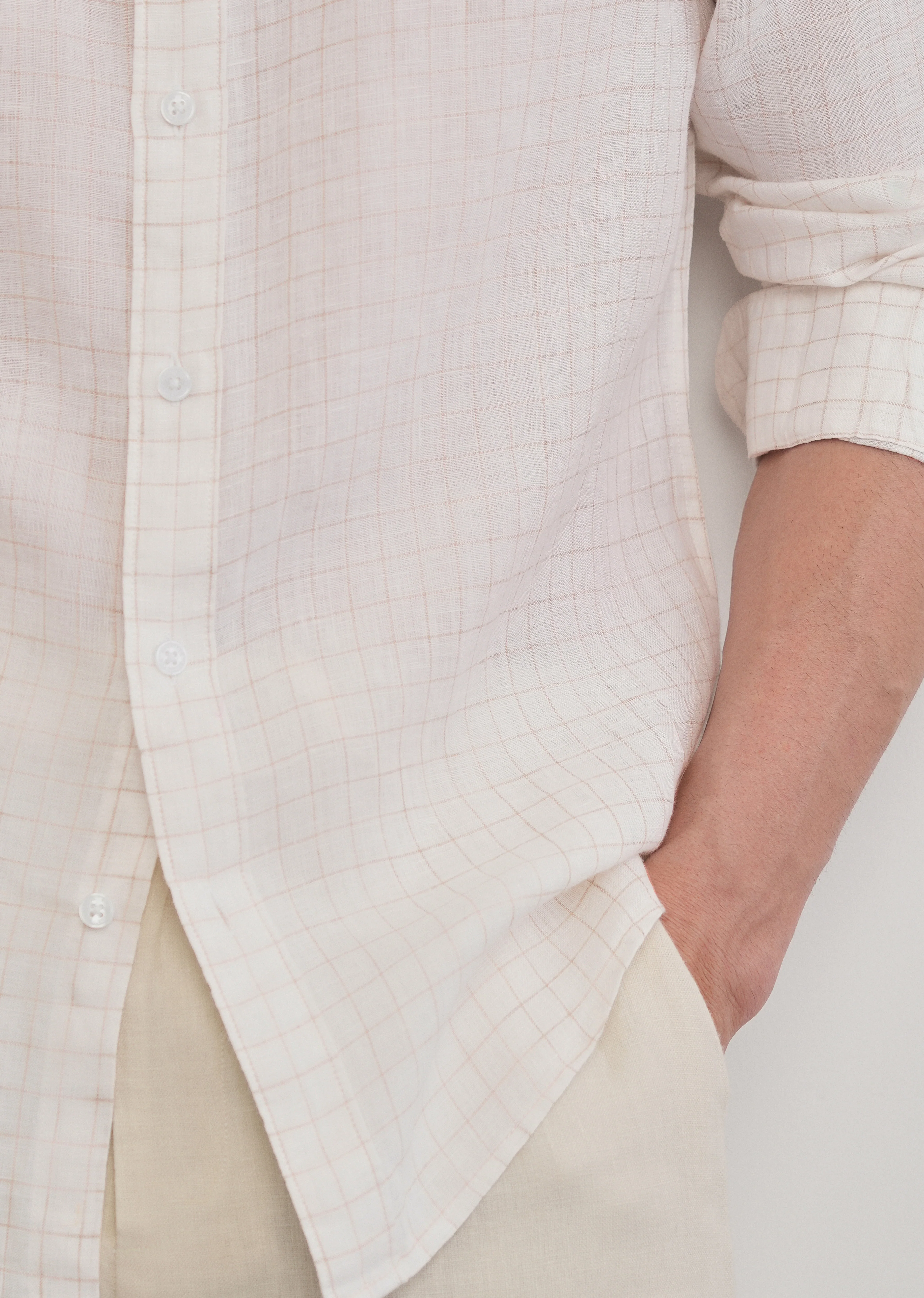 100% Pure Linen Off-White Check Shirt - Image 9