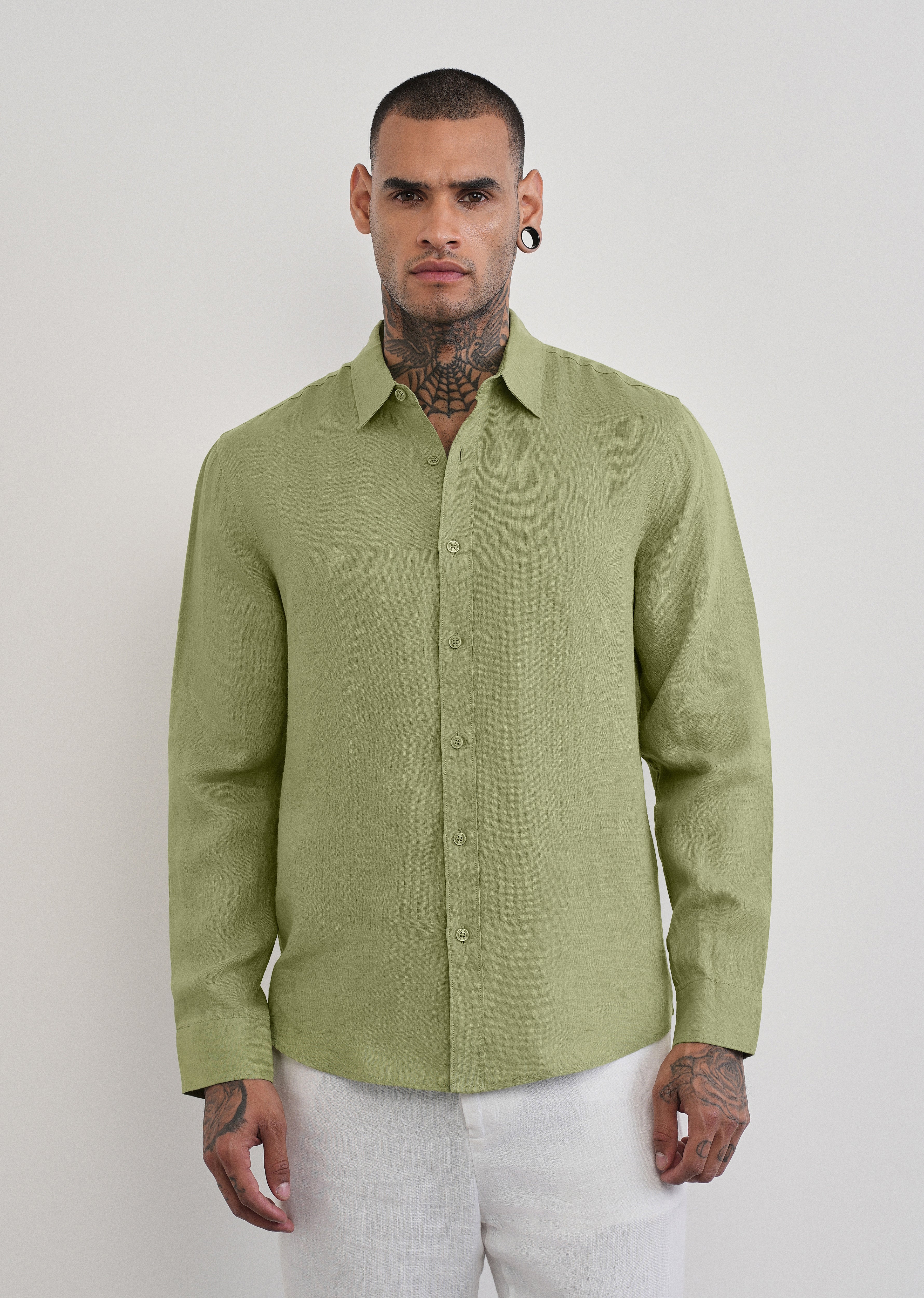 100% Pure Linen Sage Green Plain Shirt - Image 3