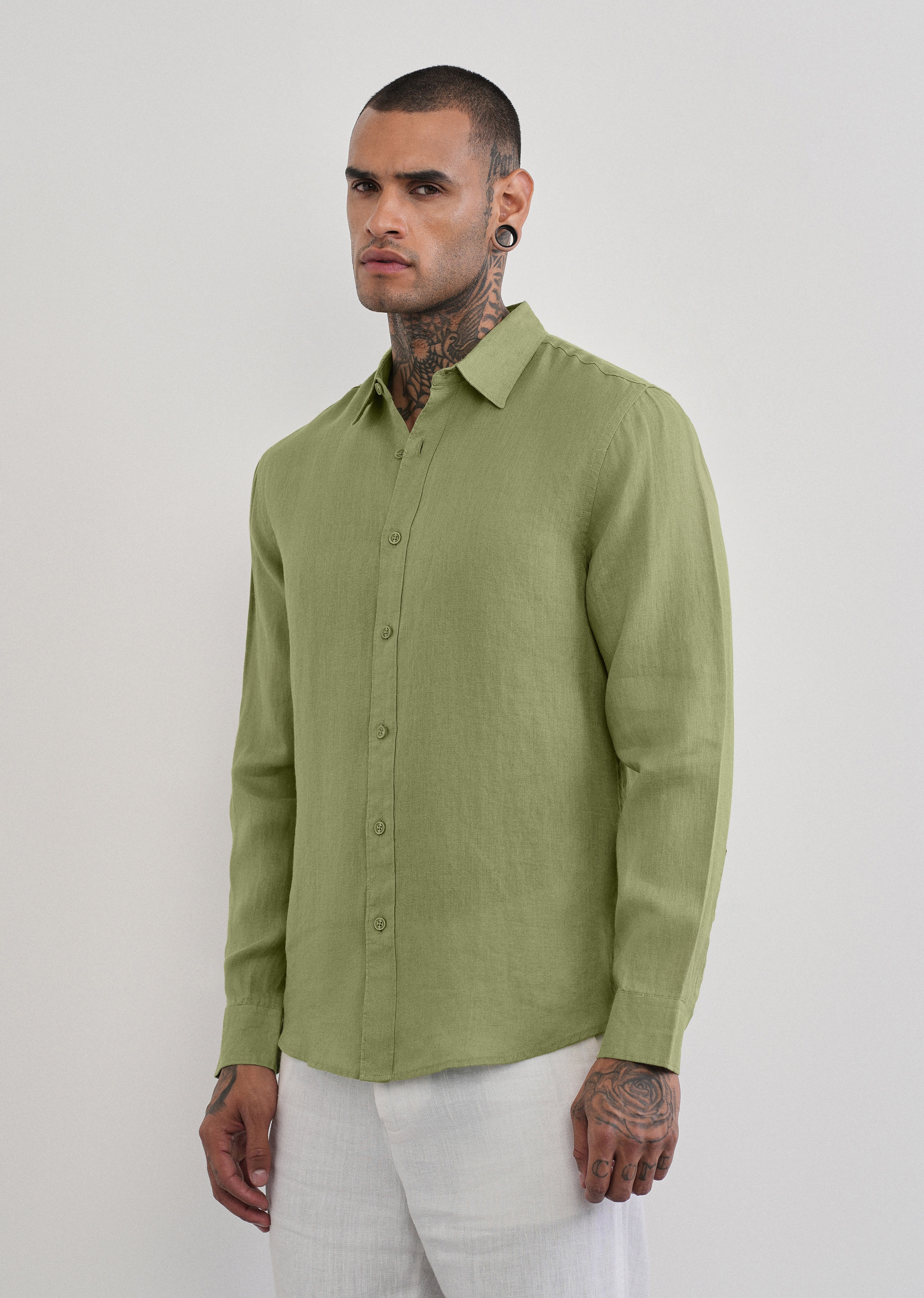 100% Pure Linen Sage Green Plain Shirt - Image 4