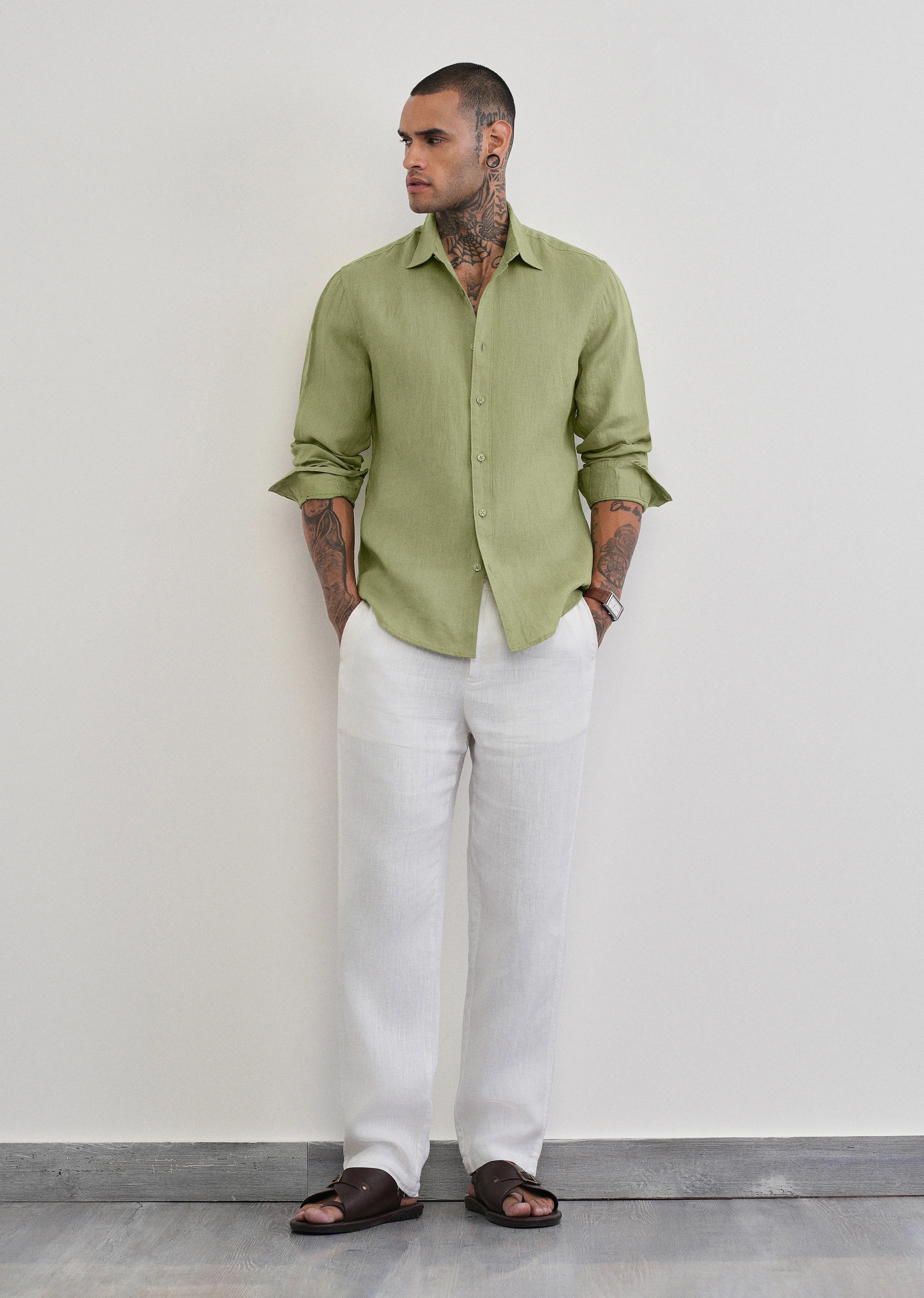 100% Pure Linen Sage Green Plain Shirt - Image 6