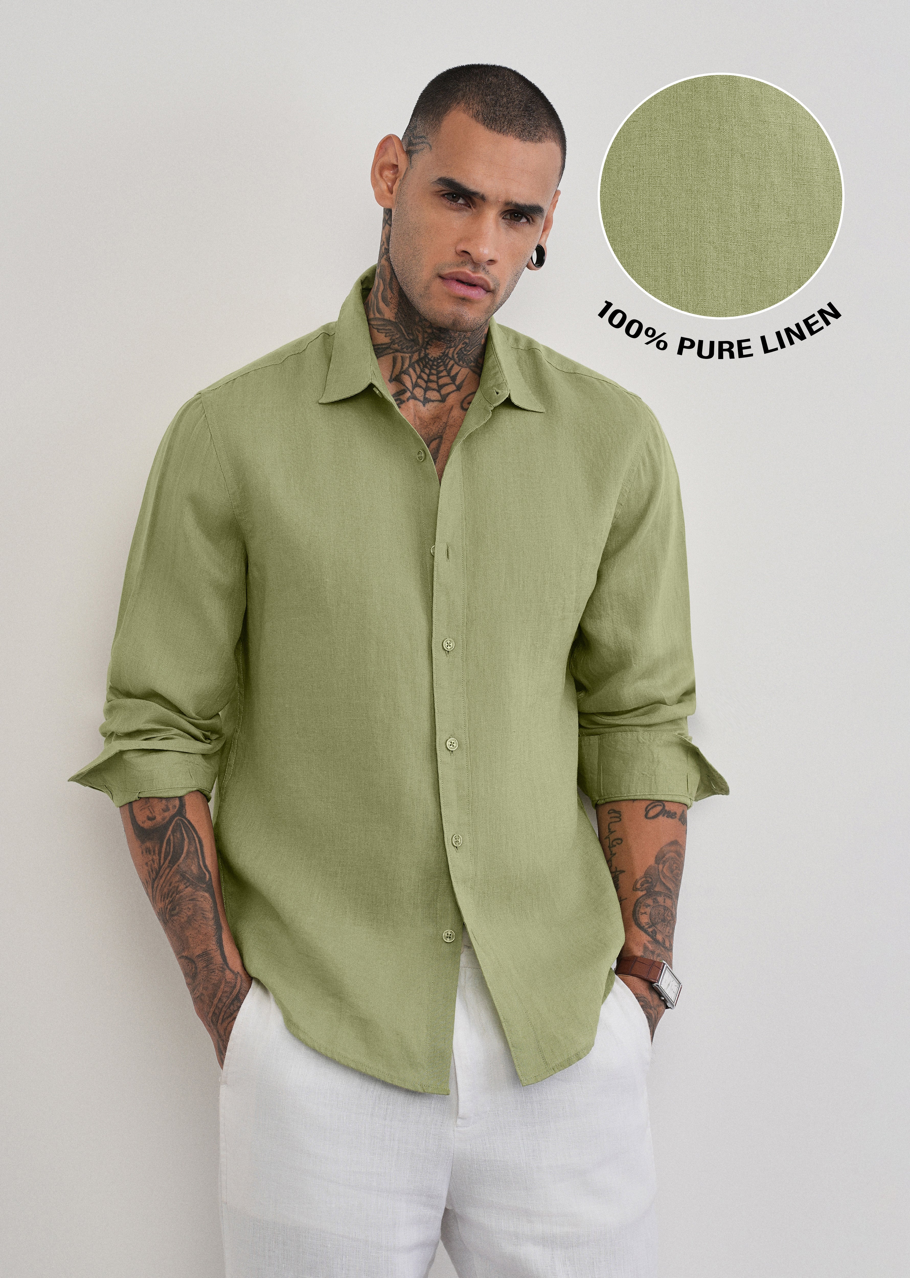 100% Pure Linen Sage Green Plain Shirt - Image 7