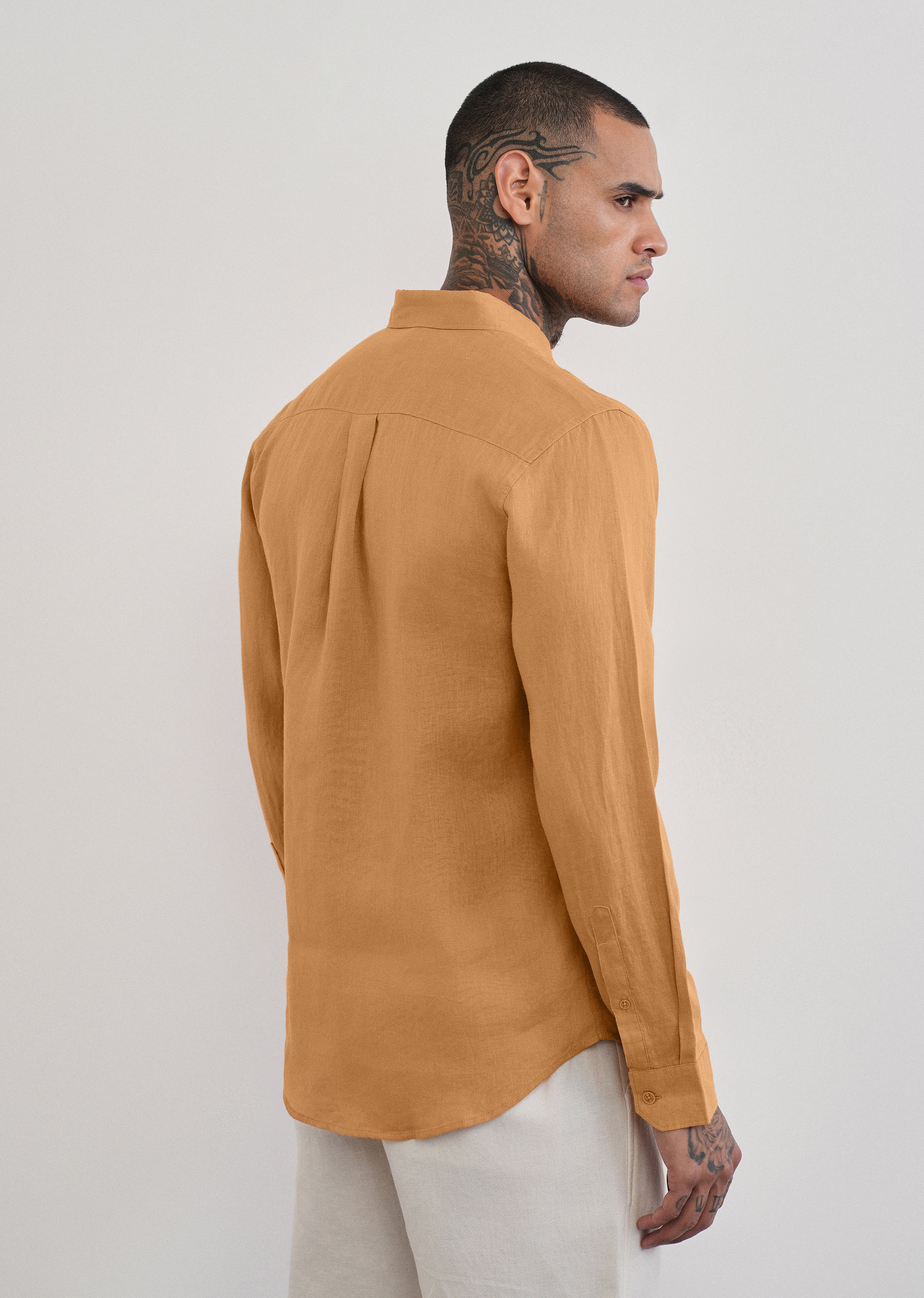 100% Pure Linen Yellow Ochre Plain Shirt - Image 2