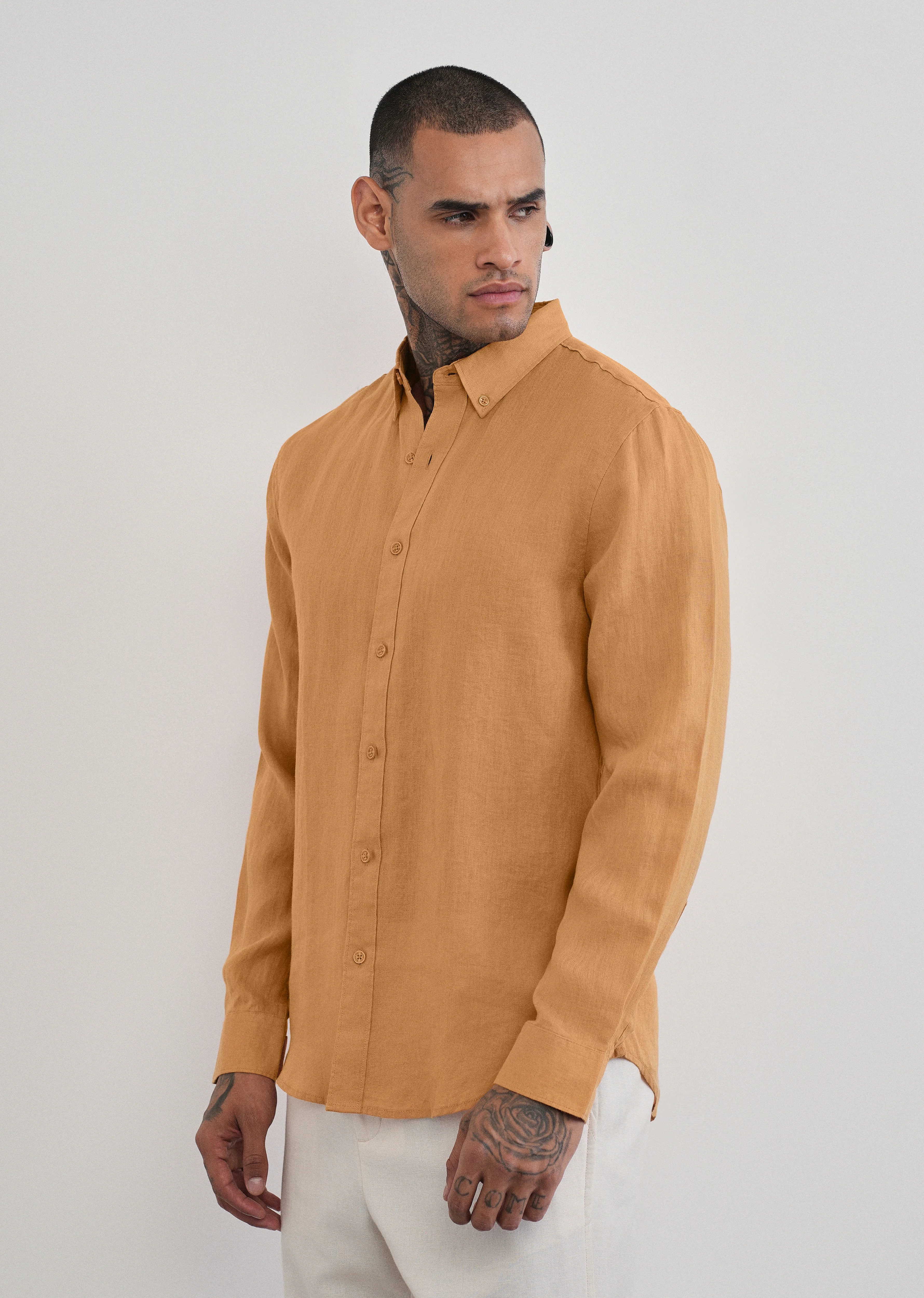 100% Pure Linen Yellow Ochre Plain Shirt - Image 4
