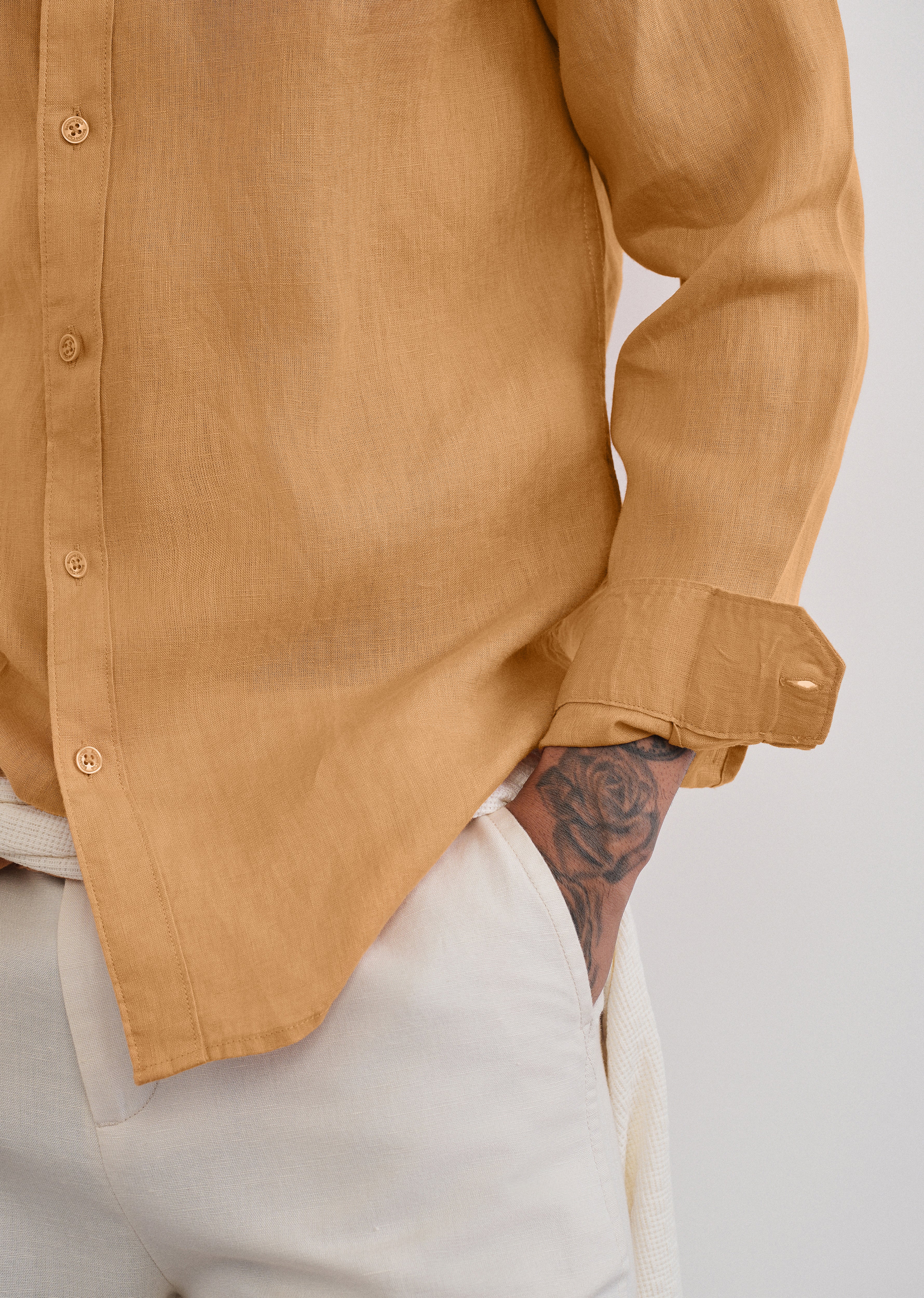 100% Pure Linen Yellow Ochre Plain Shirt - Image 5