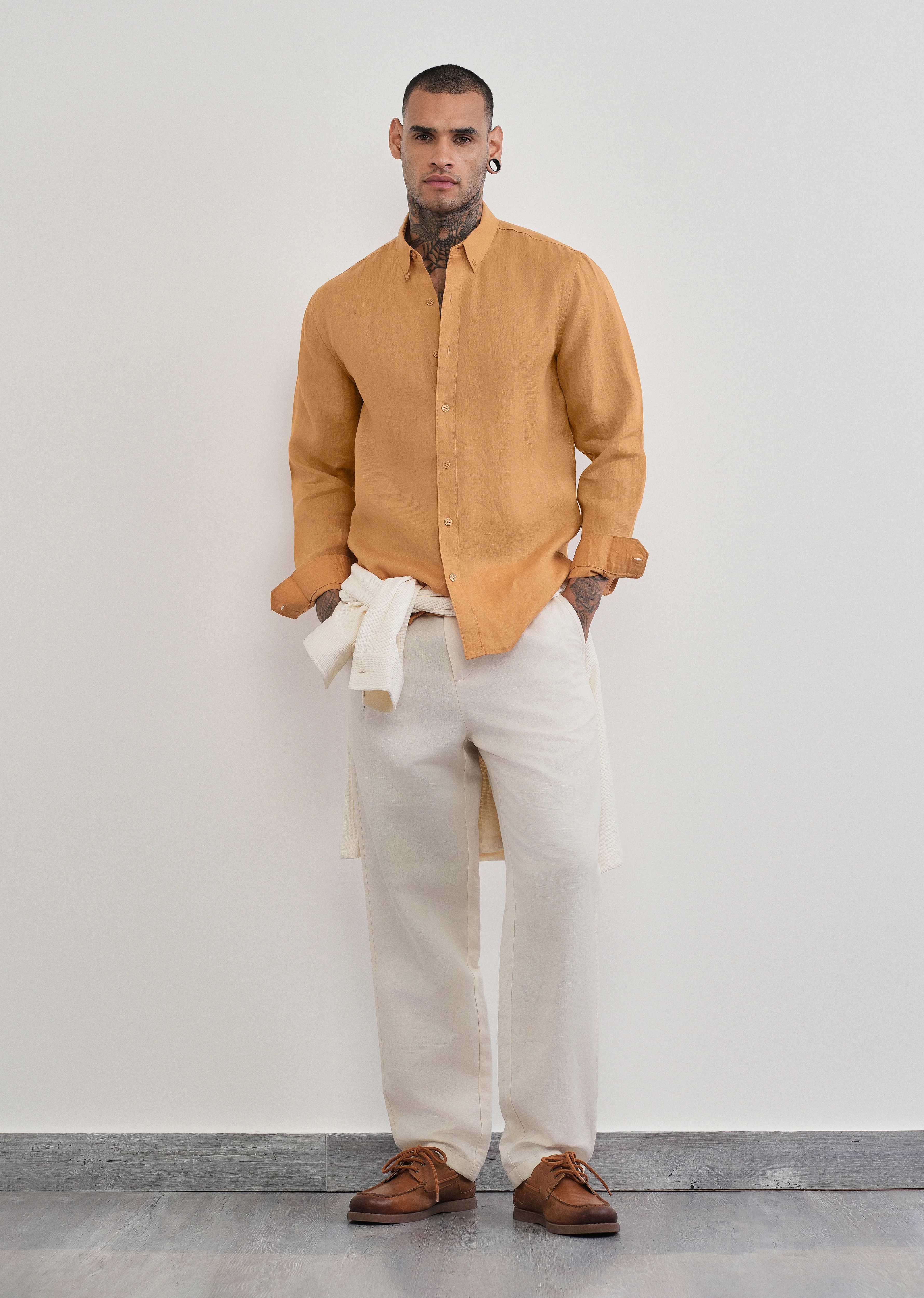 100% Pure Linen Yellow Ochre Plain Shirt - Image 6