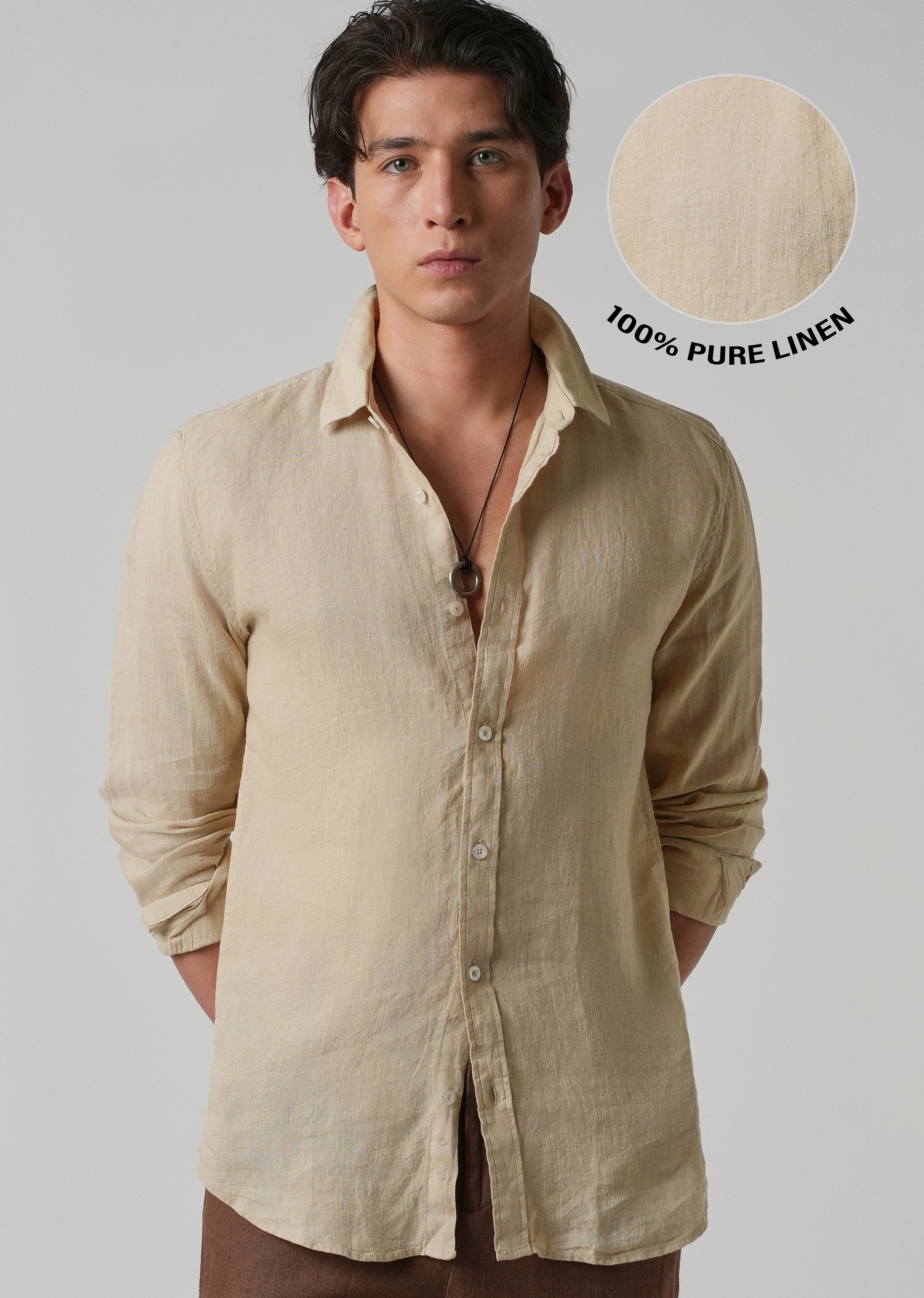 100% Pure Oak Beige Linen Shirt - Image 8