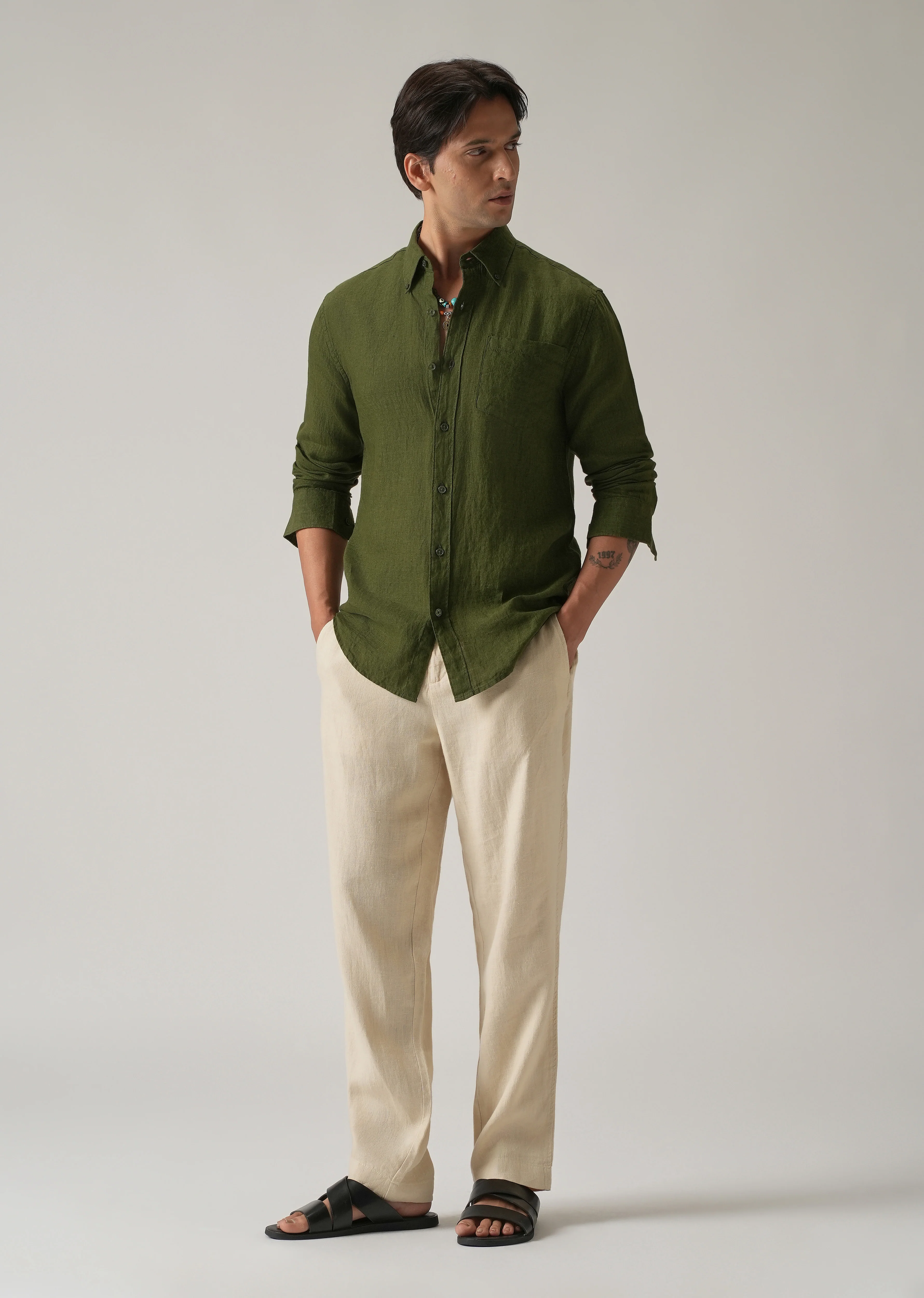 100% Pure Olive Linen Shirt - Image 6
