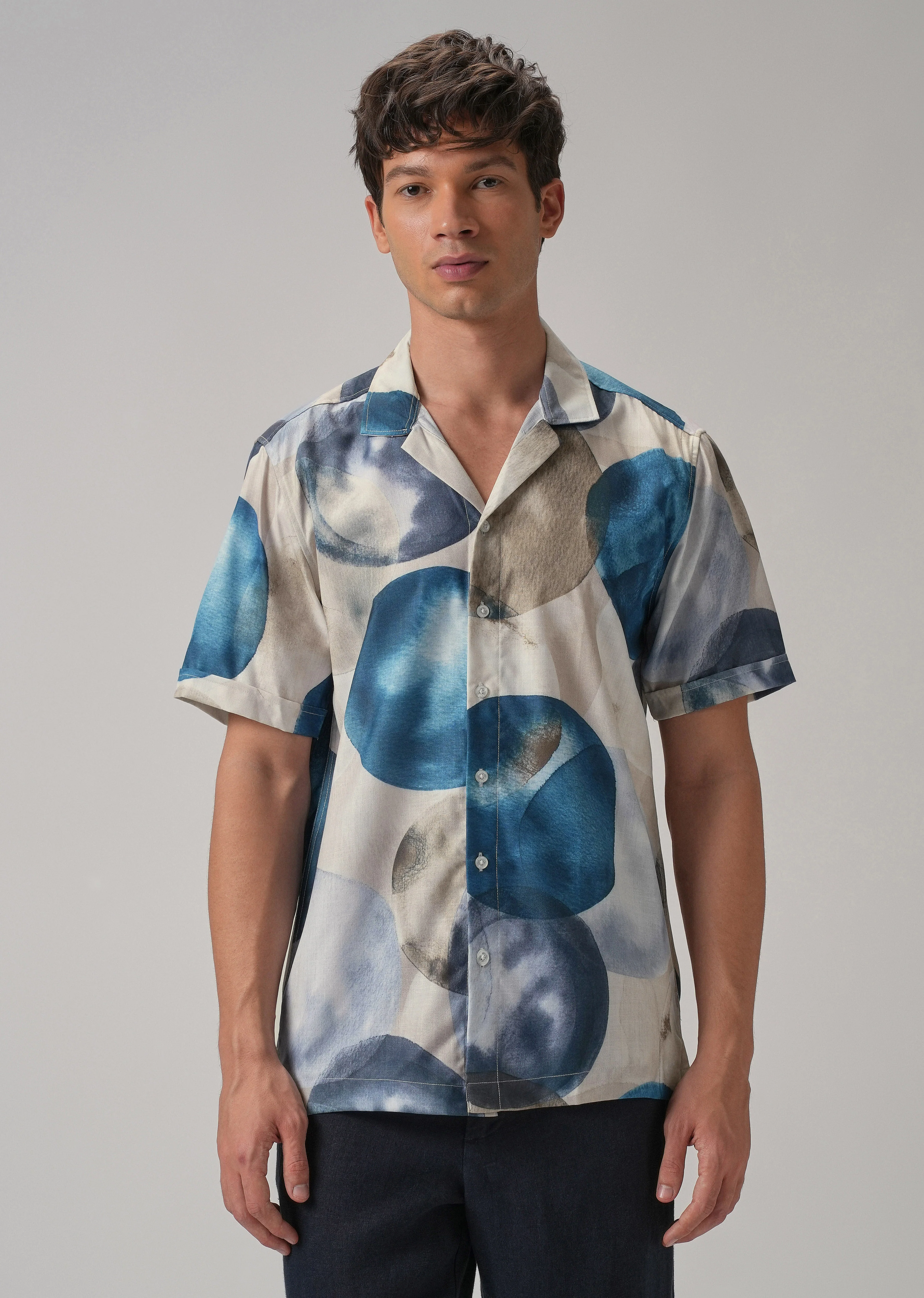Abstract Blue Half Sleeve Shirt - Image 3