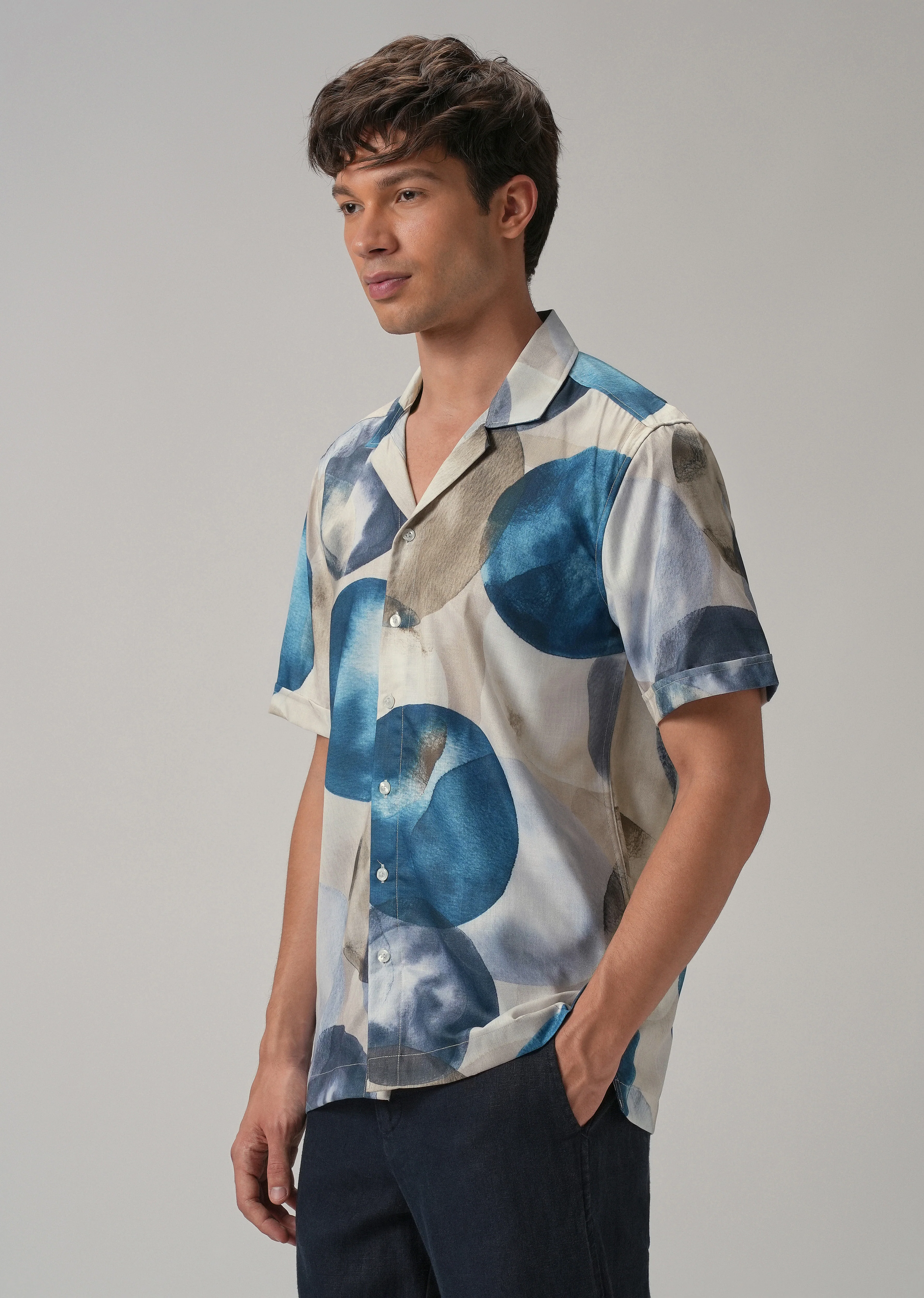 Abstract Blue Half Sleeve Shirt - Image 4