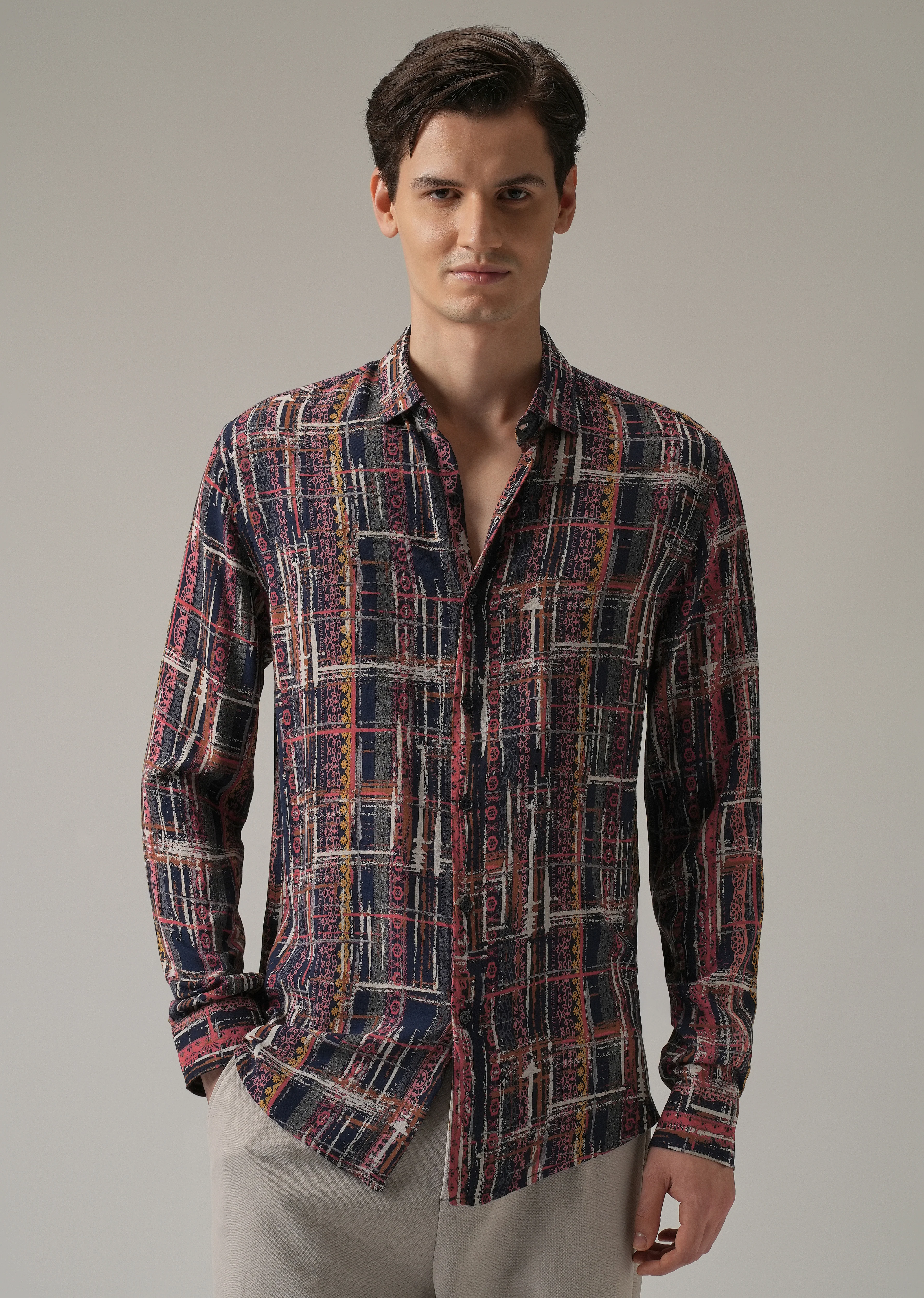 Abstract Multi Plaid Print Feather Shirt - Image 3