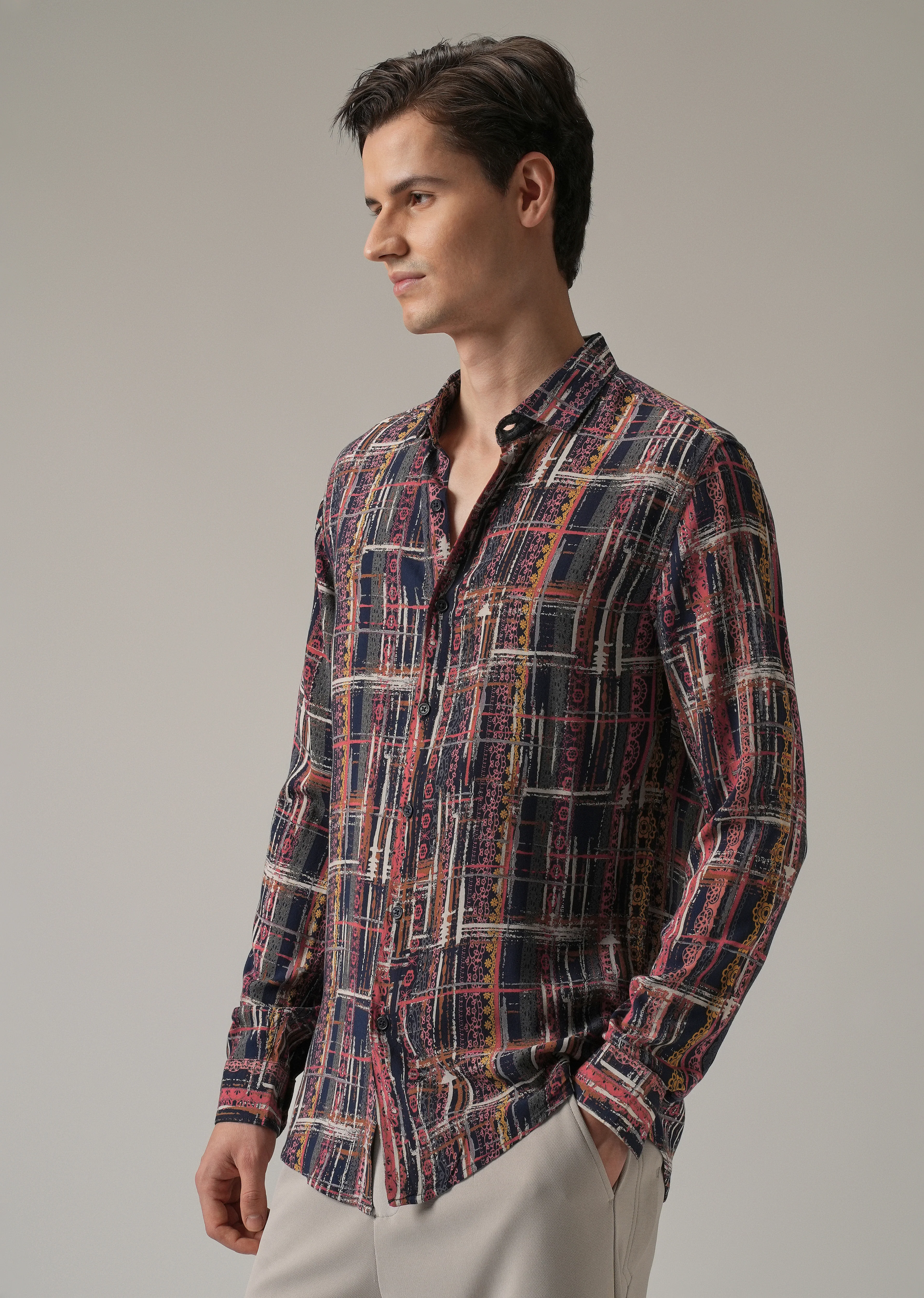 Abstract Multi Plaid Print Feather Shirt - Image 4