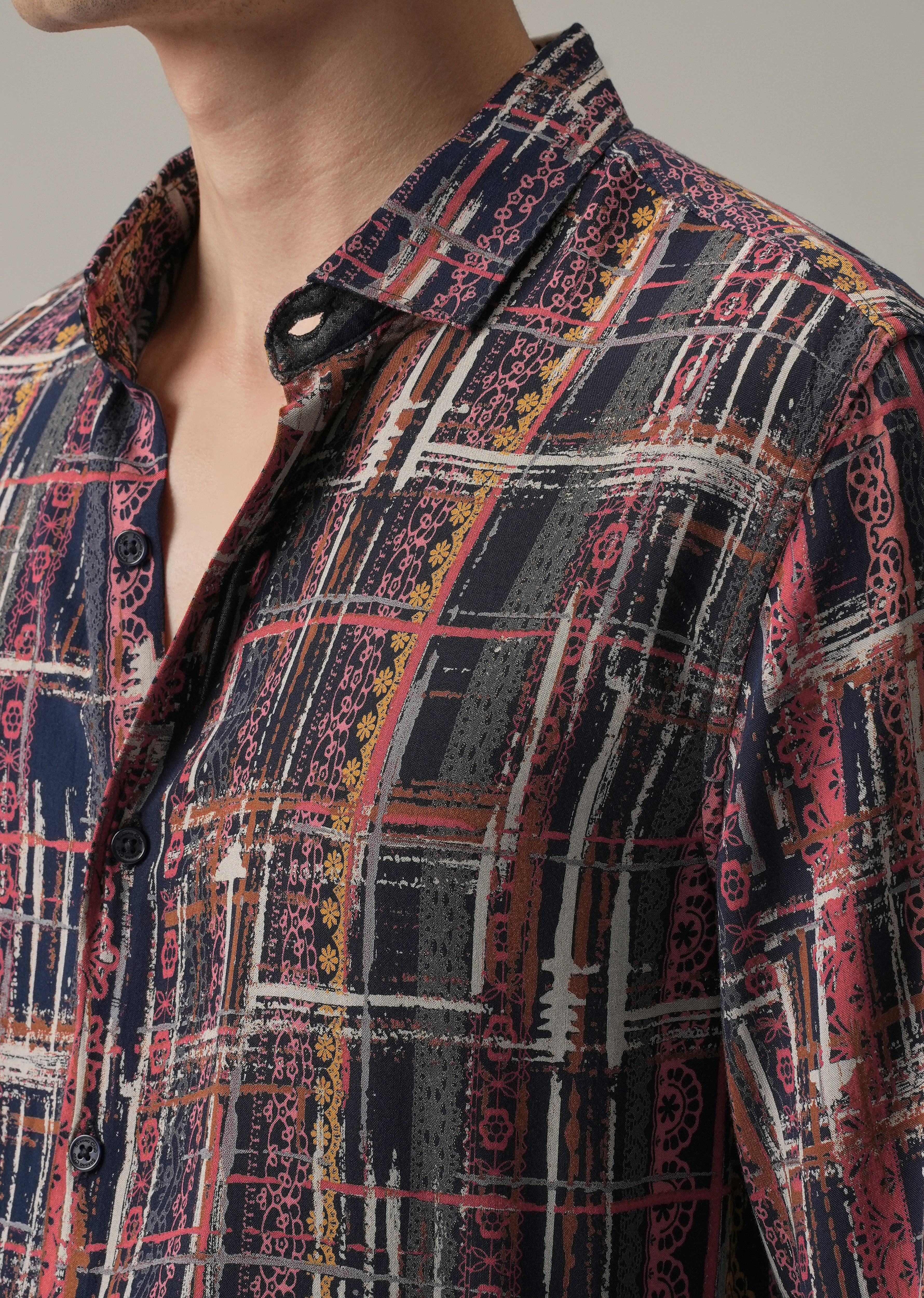 Abstract Multi Plaid Print Feather Shirt - Image 5