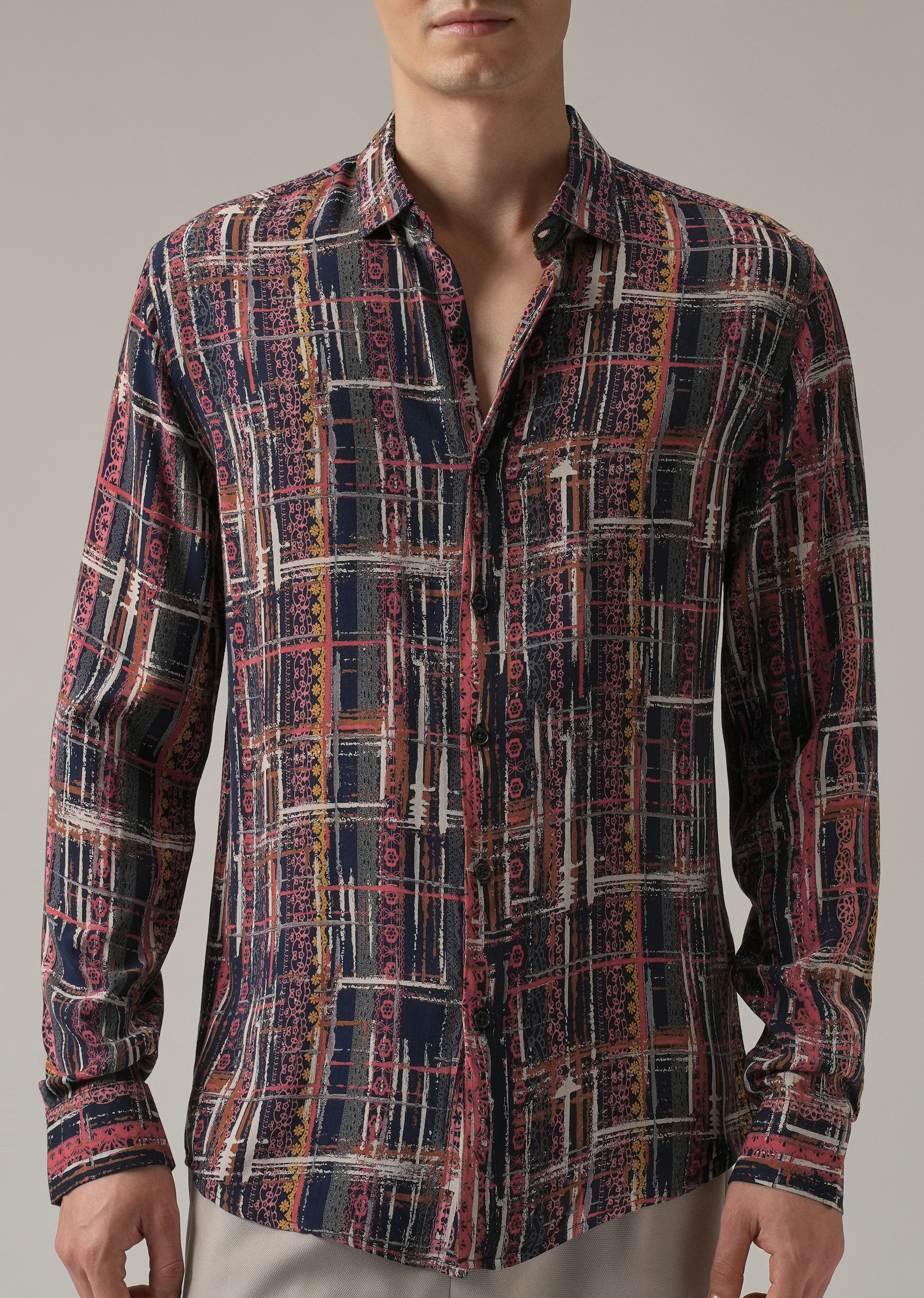 Abstract Multi Plaid Print Feather Shirt - Image 7