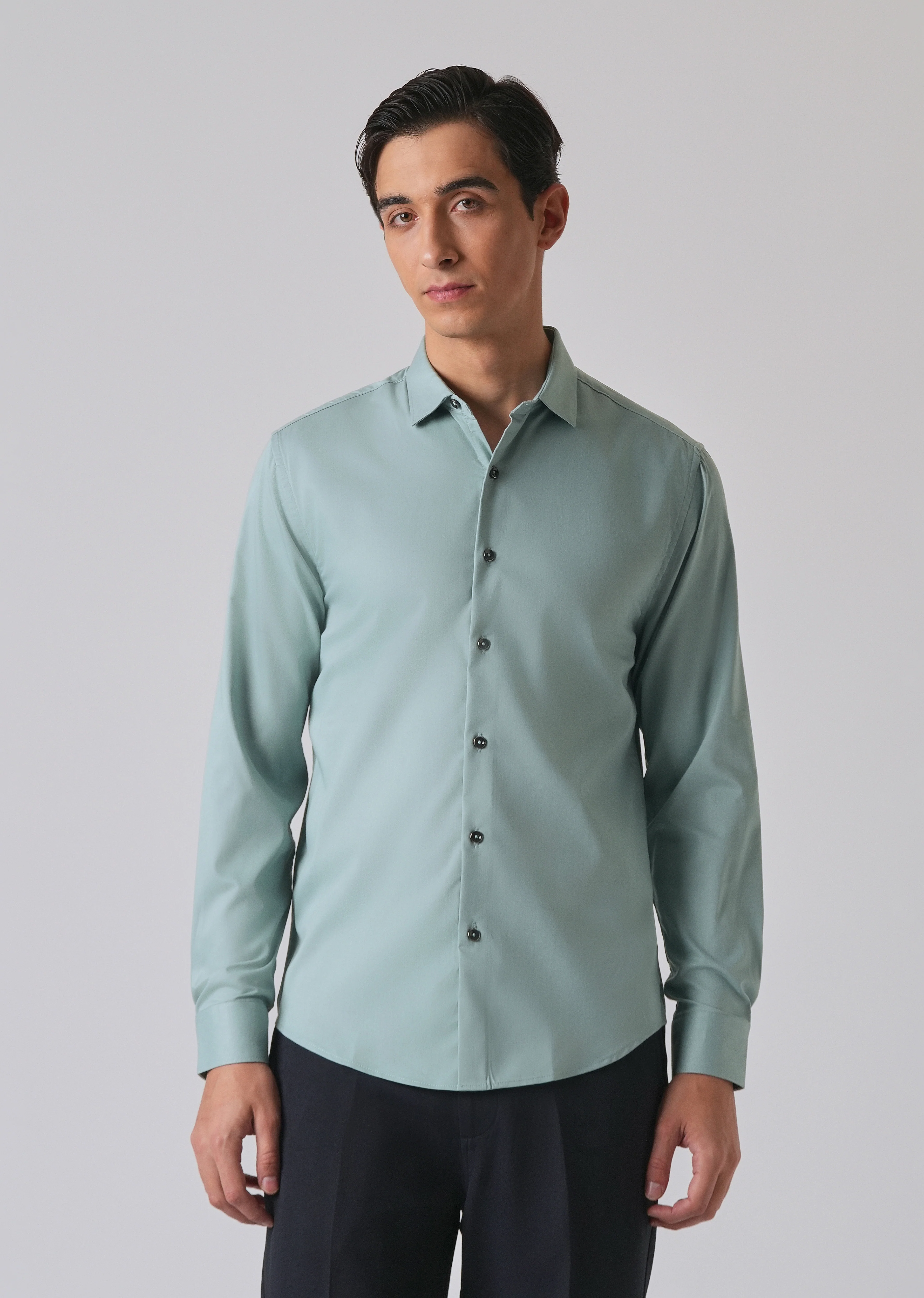 Ash Green Cotton Stretch Plain Shirt - Image 3