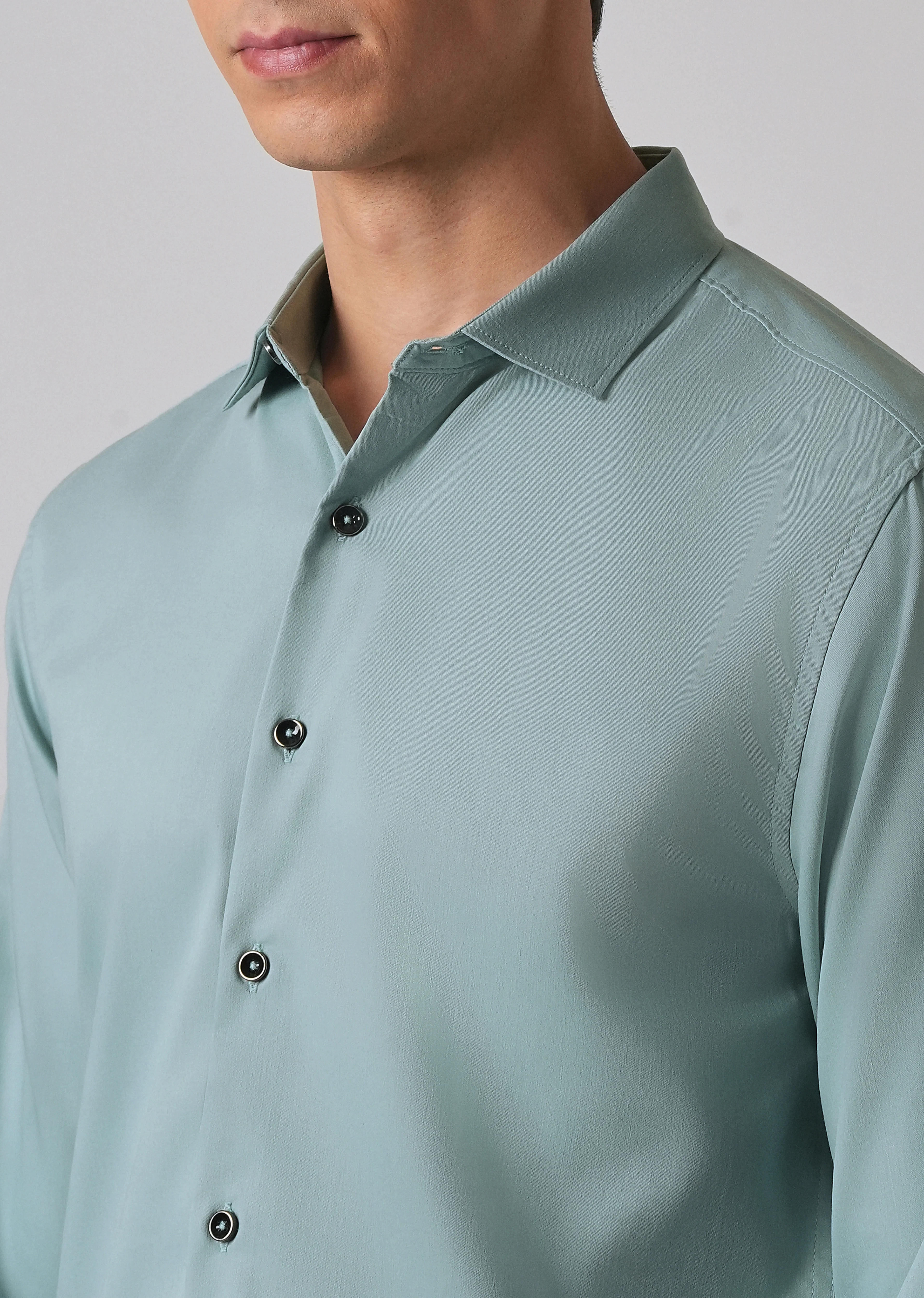 Ash Green Cotton Stretch Plain Shirt - Image 5
