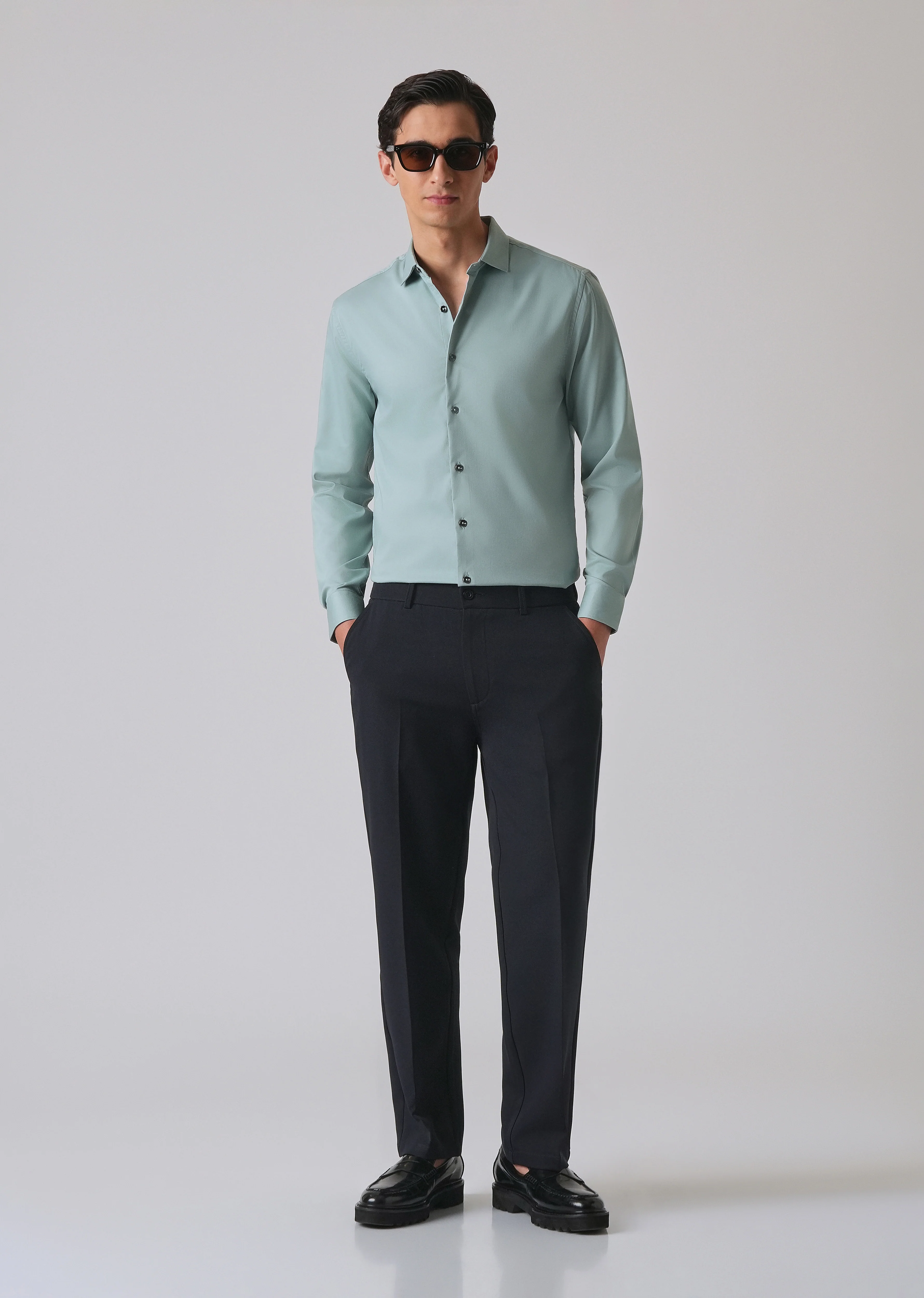 Ash Green Cotton Stretch Plain Shirt - Image 6