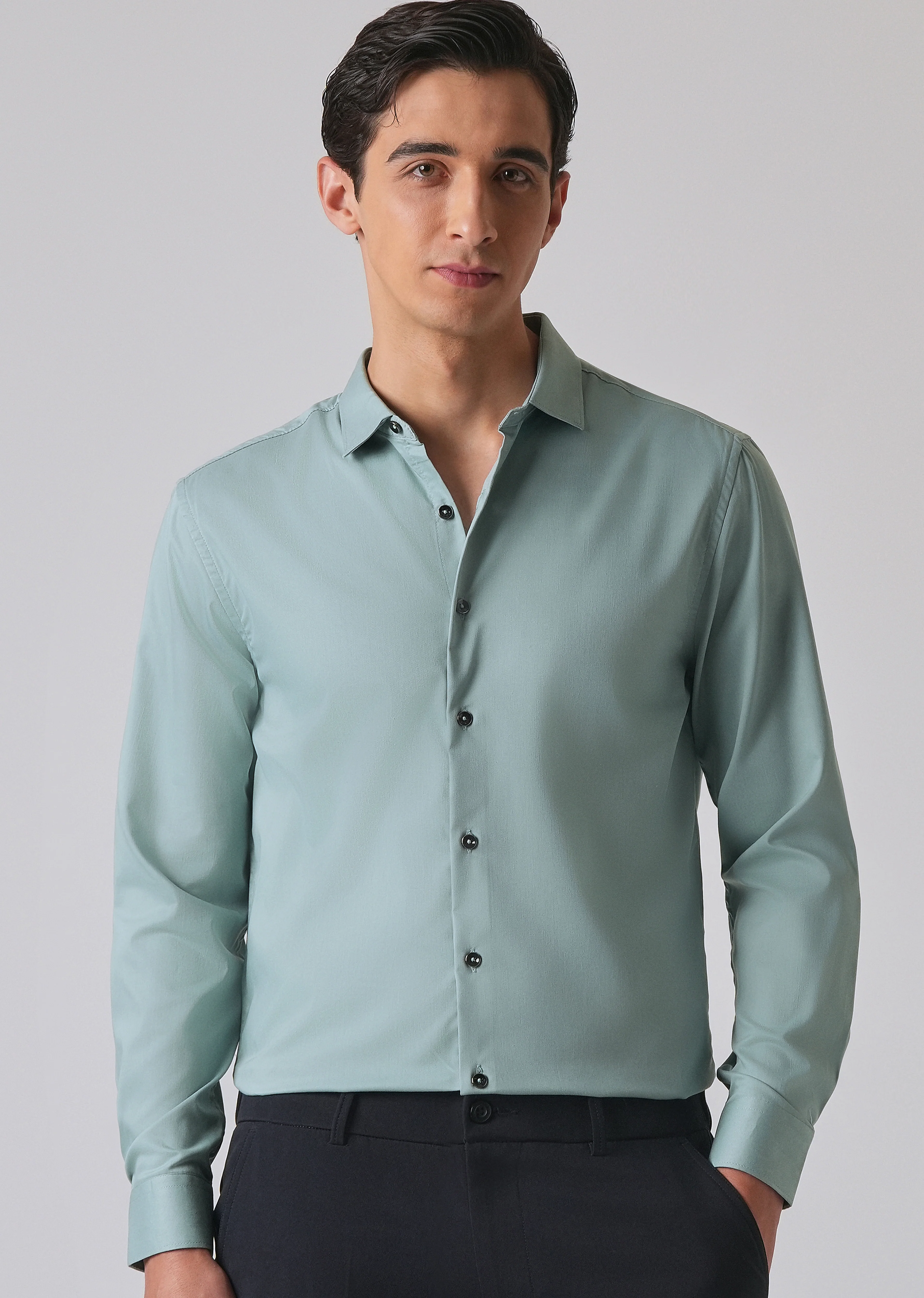 Ash Green Cotton Stretch Plain Shirt - Image 7
