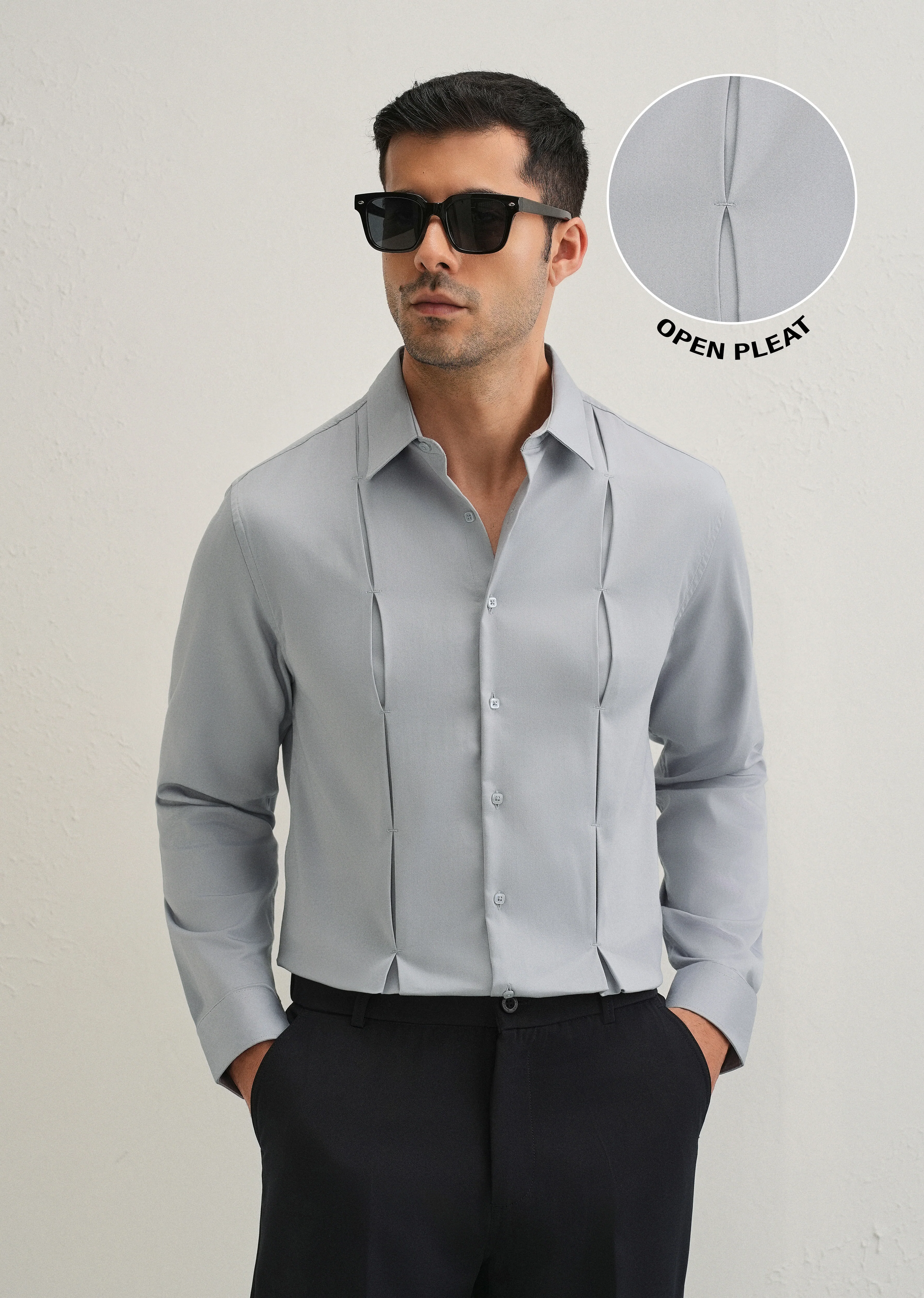 Ash Grey Front Panel Open Pleat Shirt - Image 7