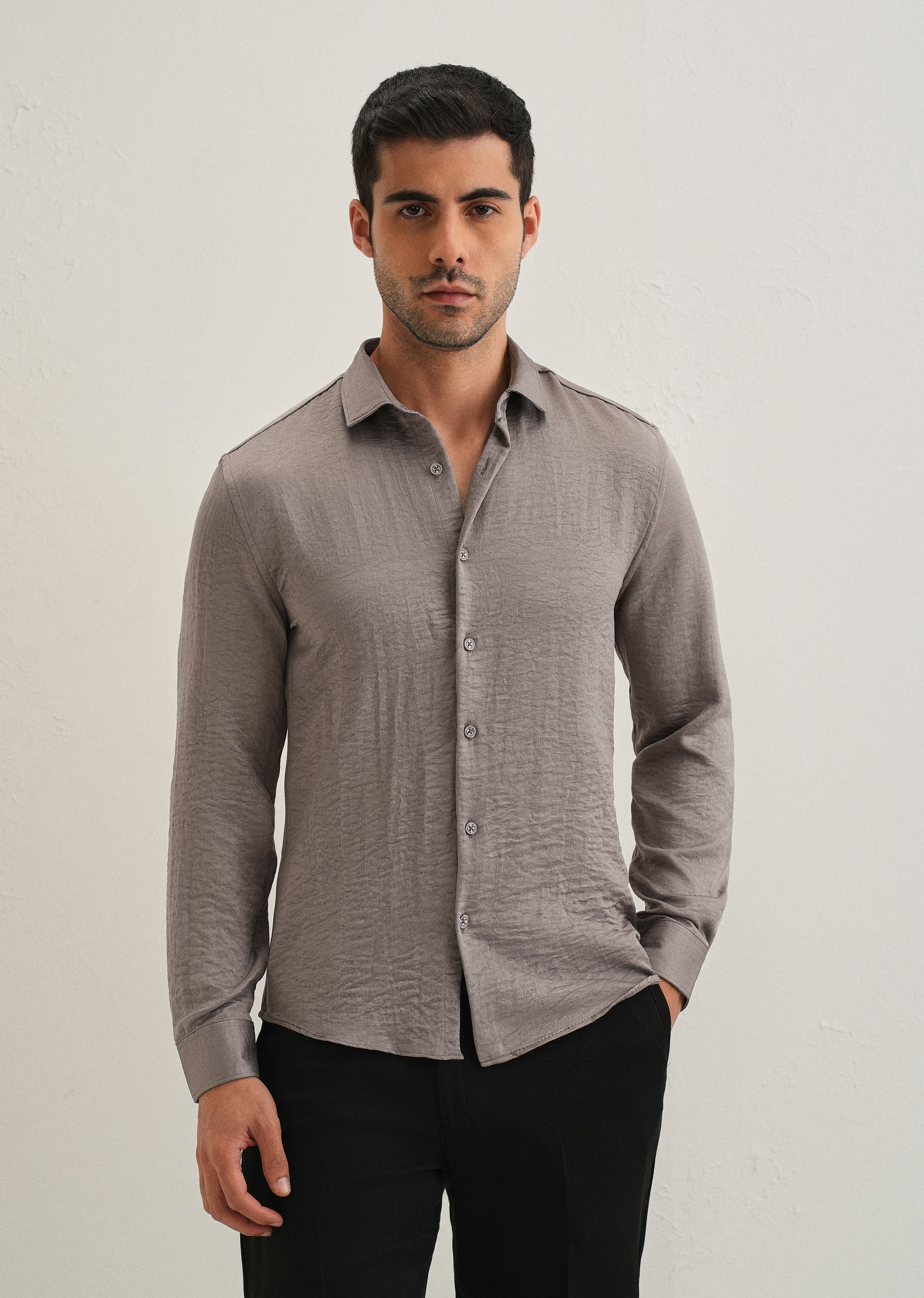 Ash Grey Plain Crushed Satin Shirt - Image 3