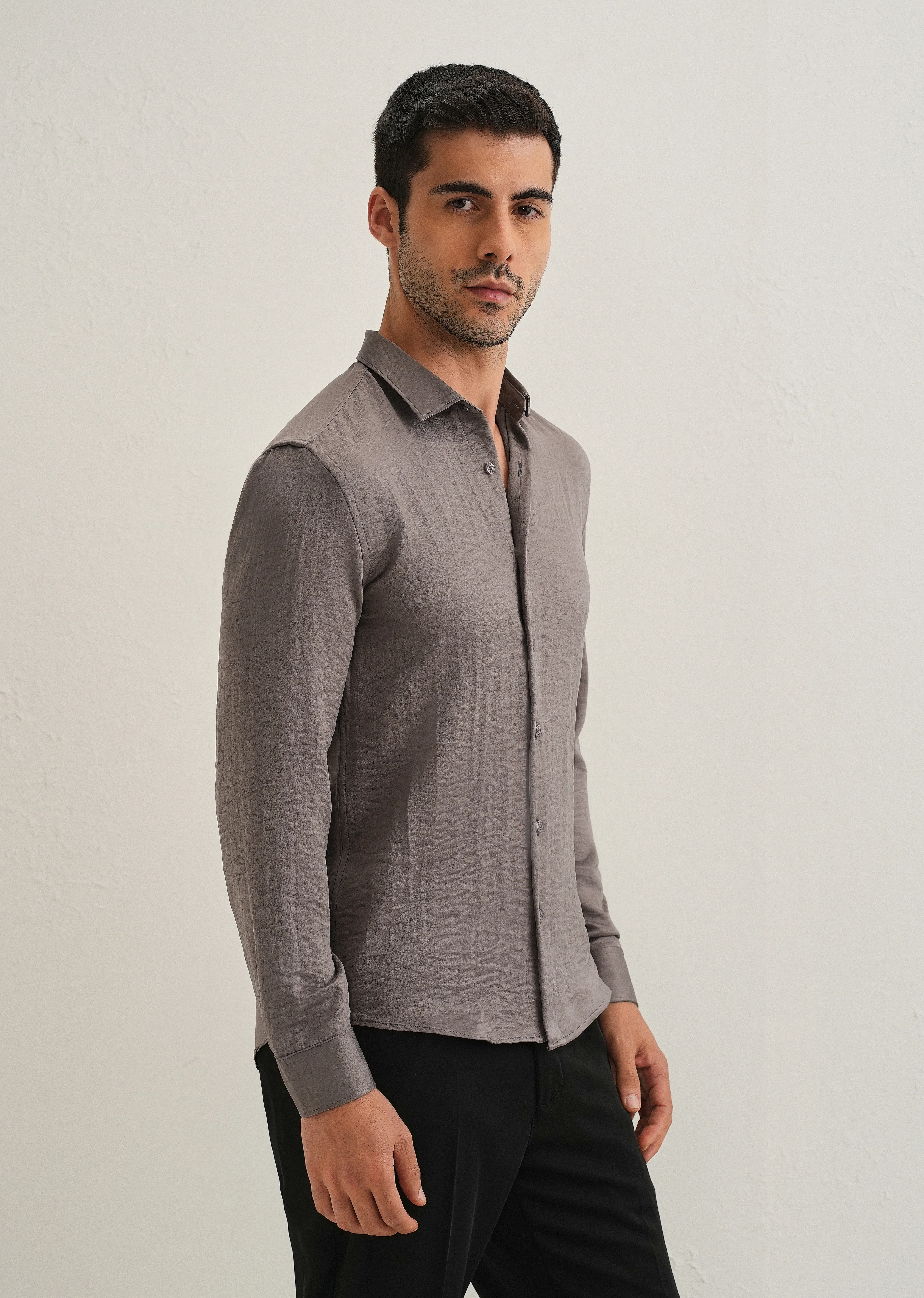 Ash Grey Plain Crushed Satin Shirt - Image 4
