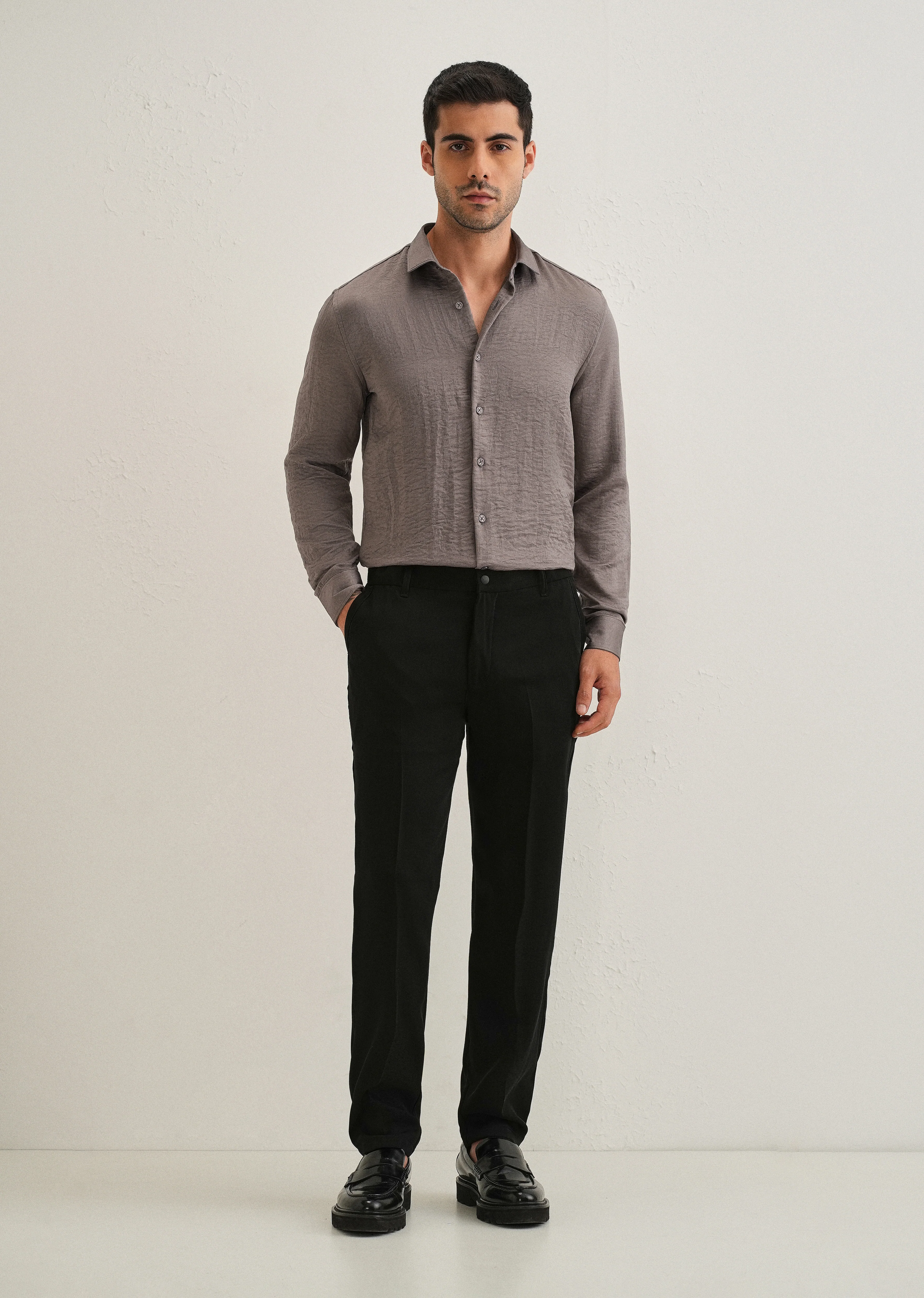 Ash Grey Plain Crushed Satin Shirt - Image 6