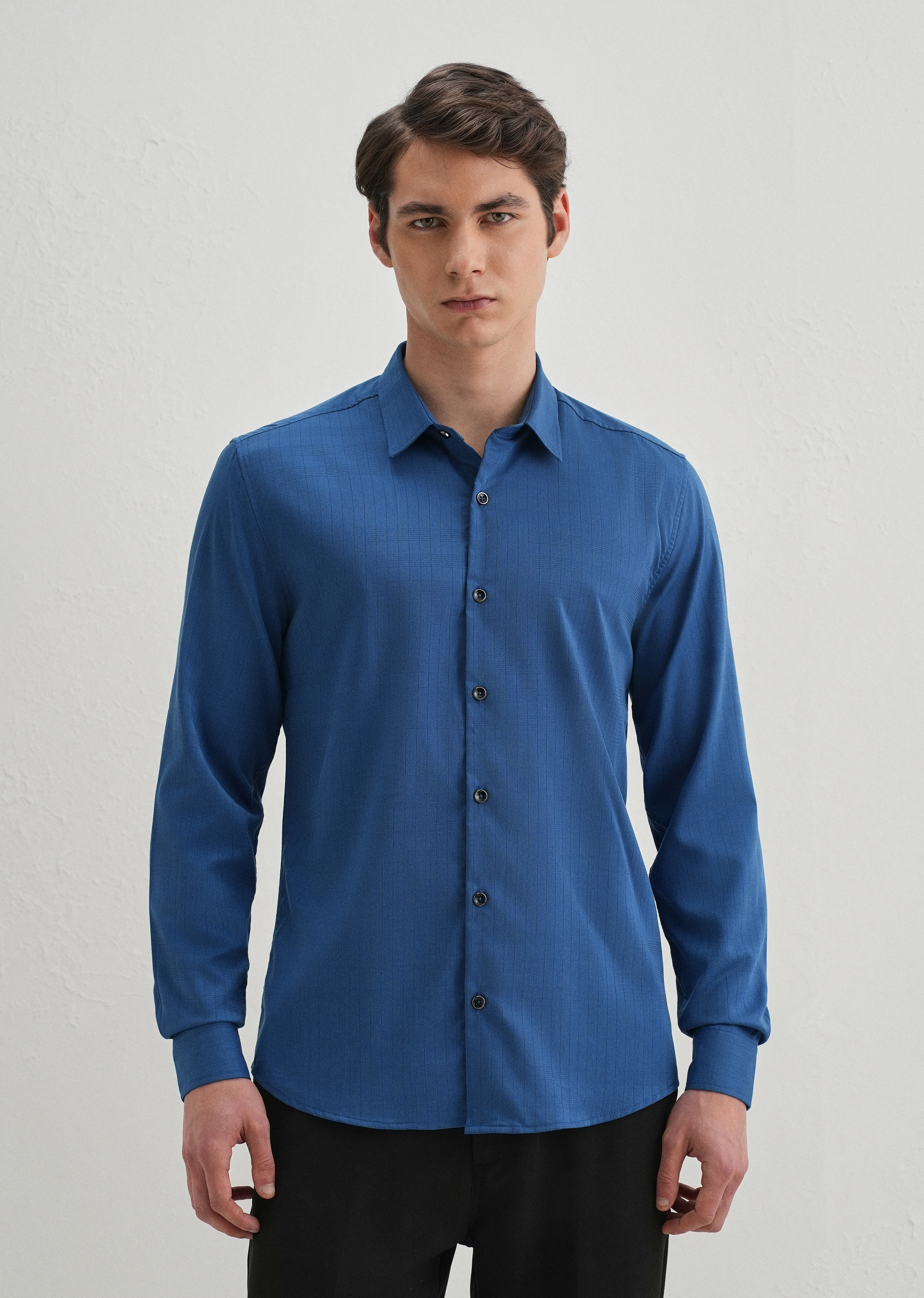 Azure Blue Self Striped Plain Shirt - Image 4