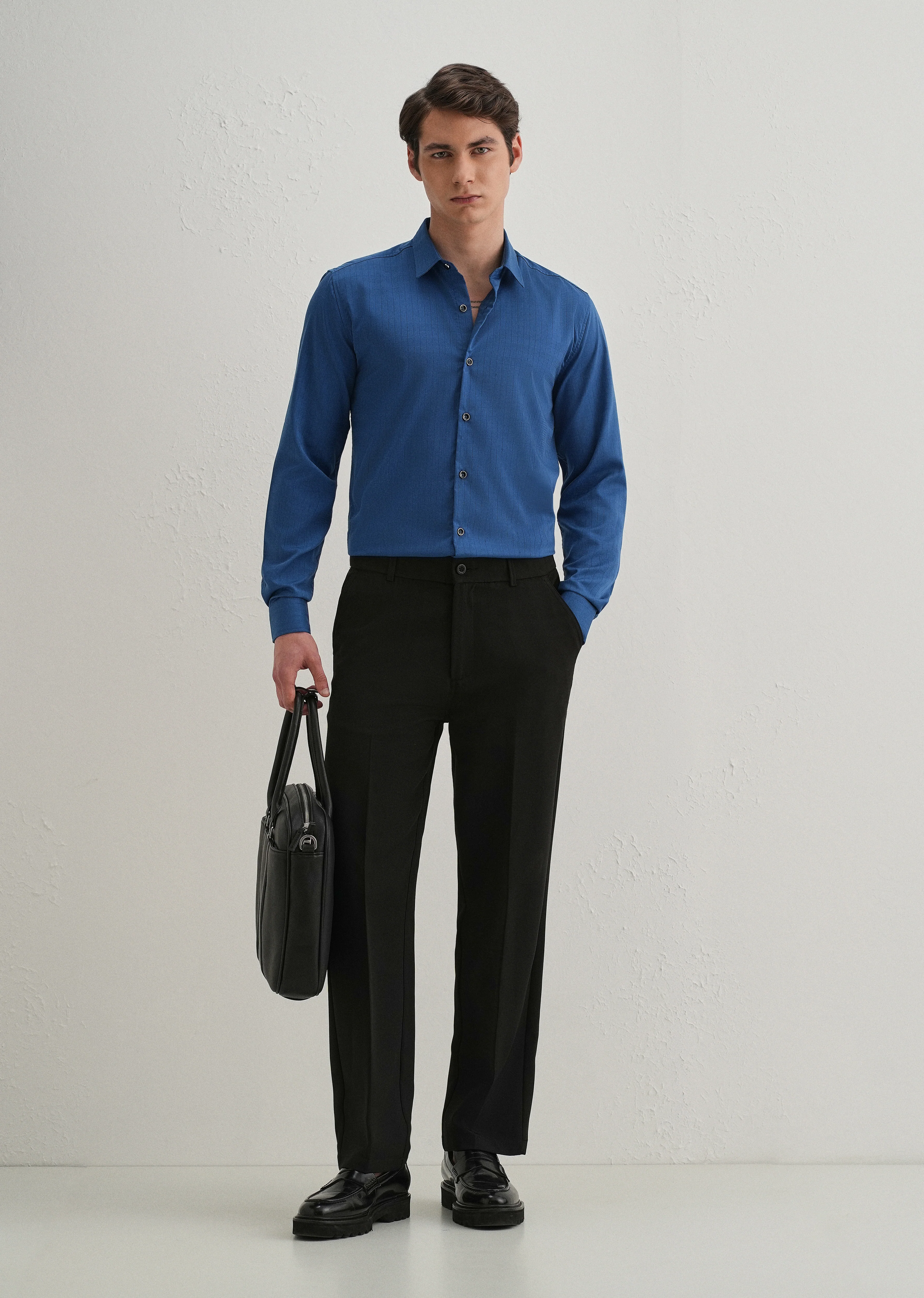 Azure Blue Self Striped Plain Shirt - Image 7