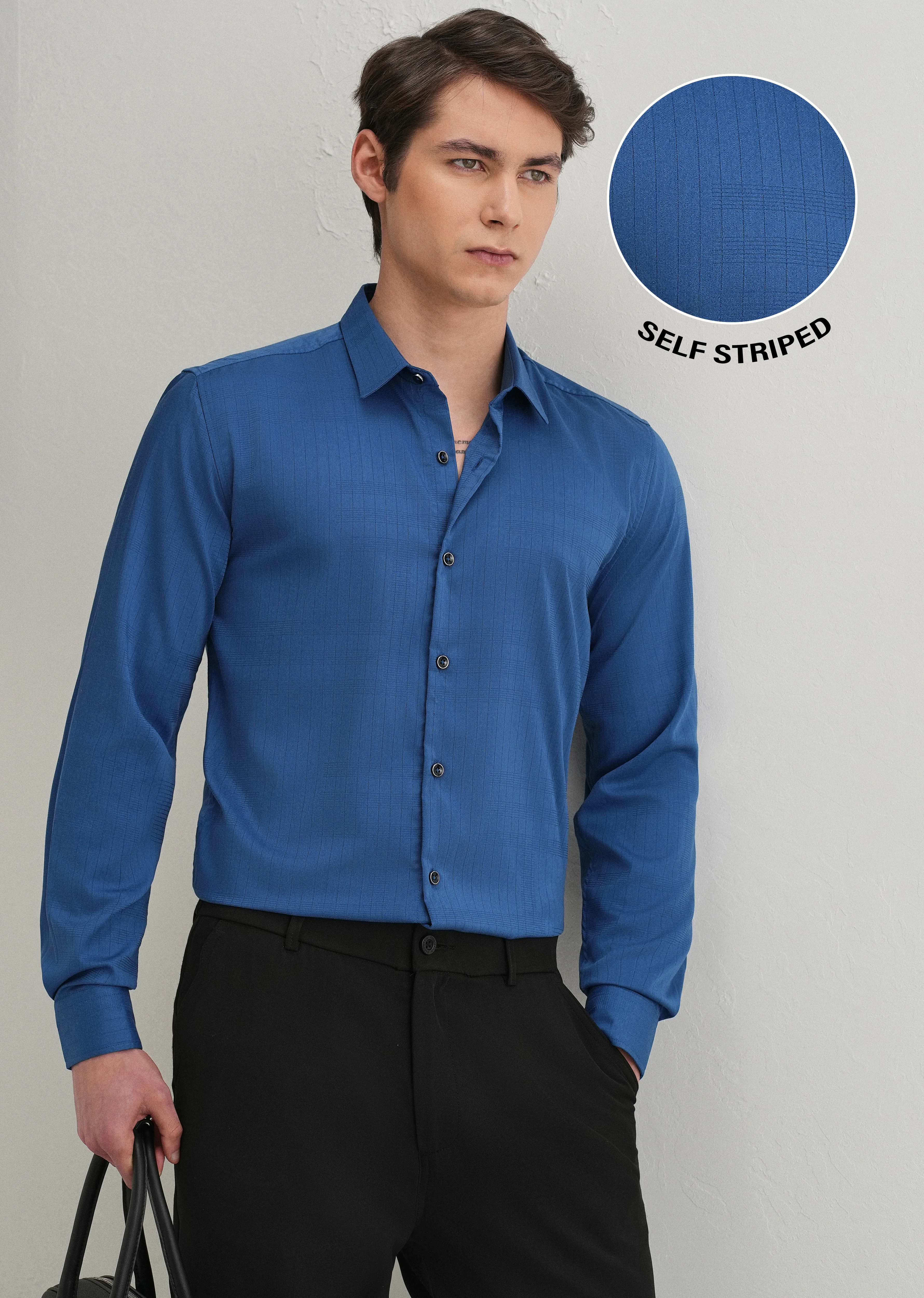 Azure Blue Self Striped Plain Shirt - Image 8