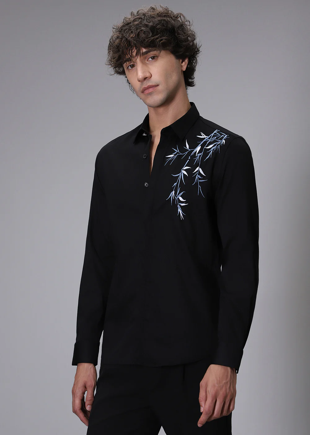 Bamboo Embroidery Black Designer Shirt - Image 3