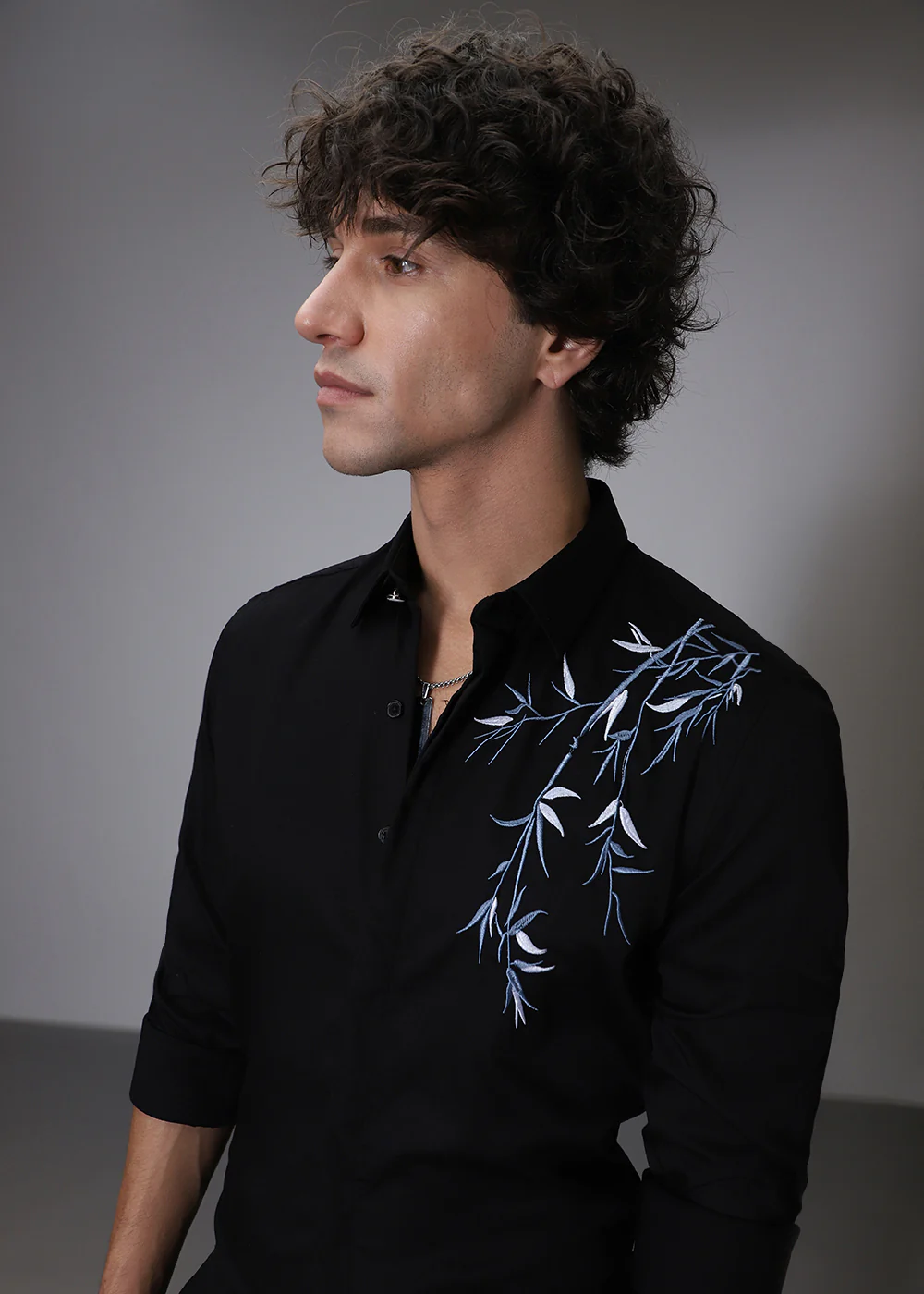 Bamboo Embroidery Black Designer Shirt - Image 7