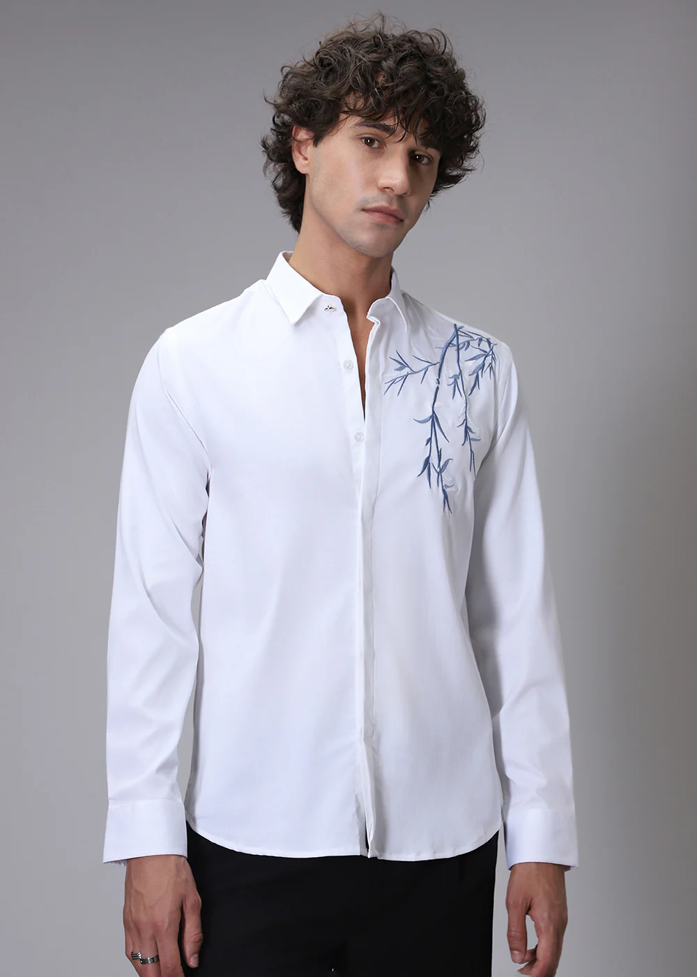 Bamboo Embroidery White Designer Shirt - Image 3