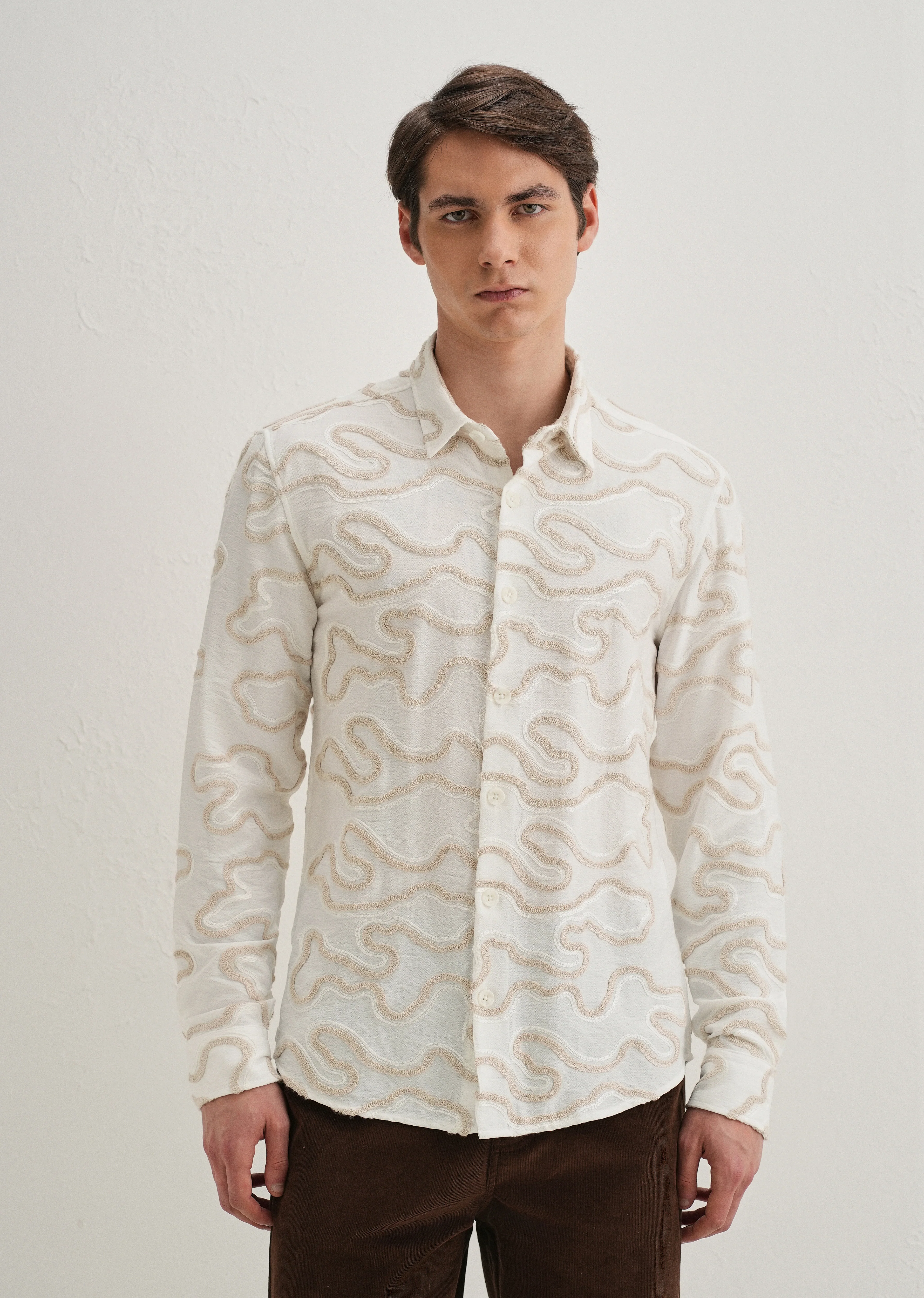 Beige Artistic Abstract Embroidery Shirt - Image 4