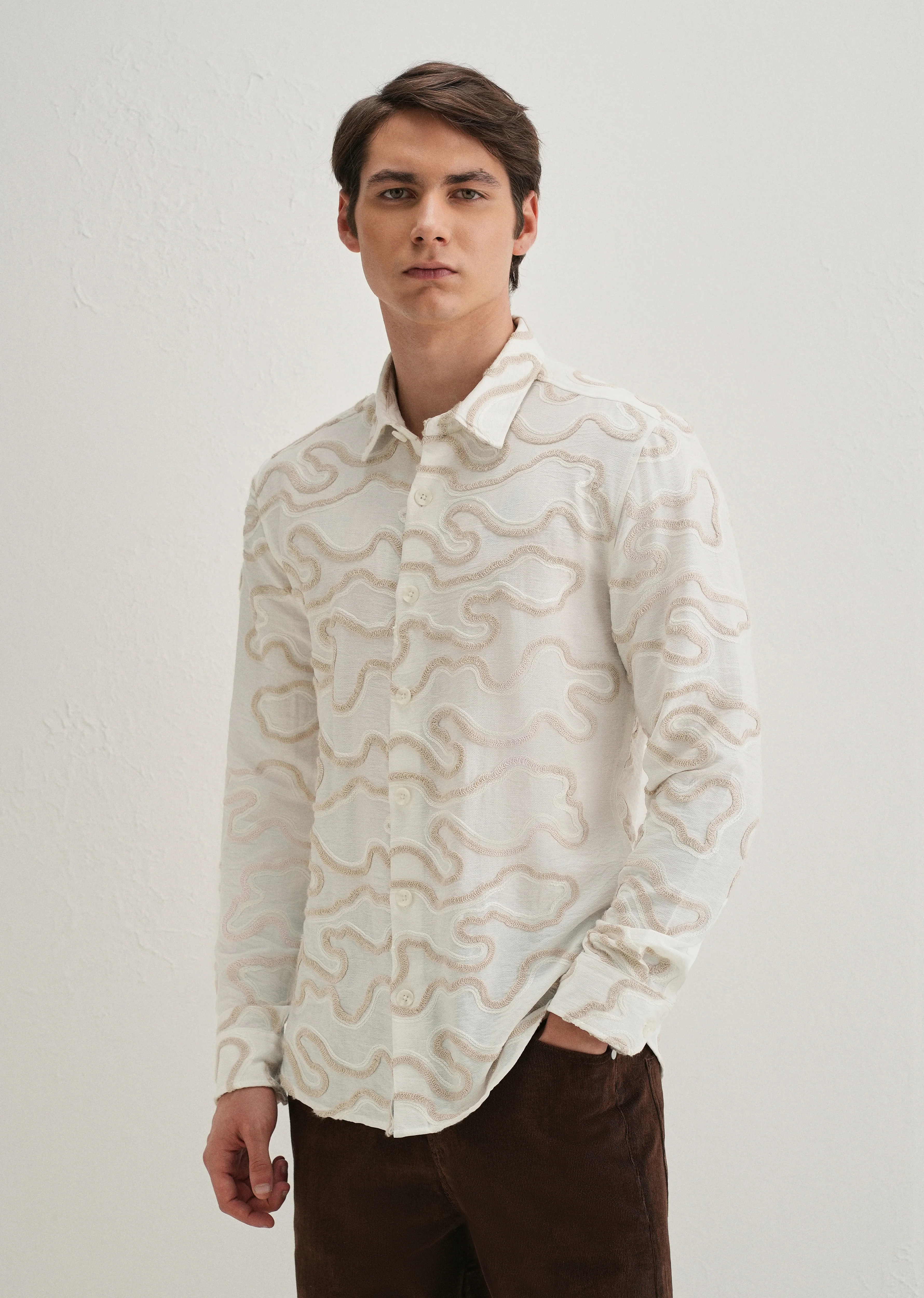 Beige Artistic Abstract Embroidery Shirt - Image 5
